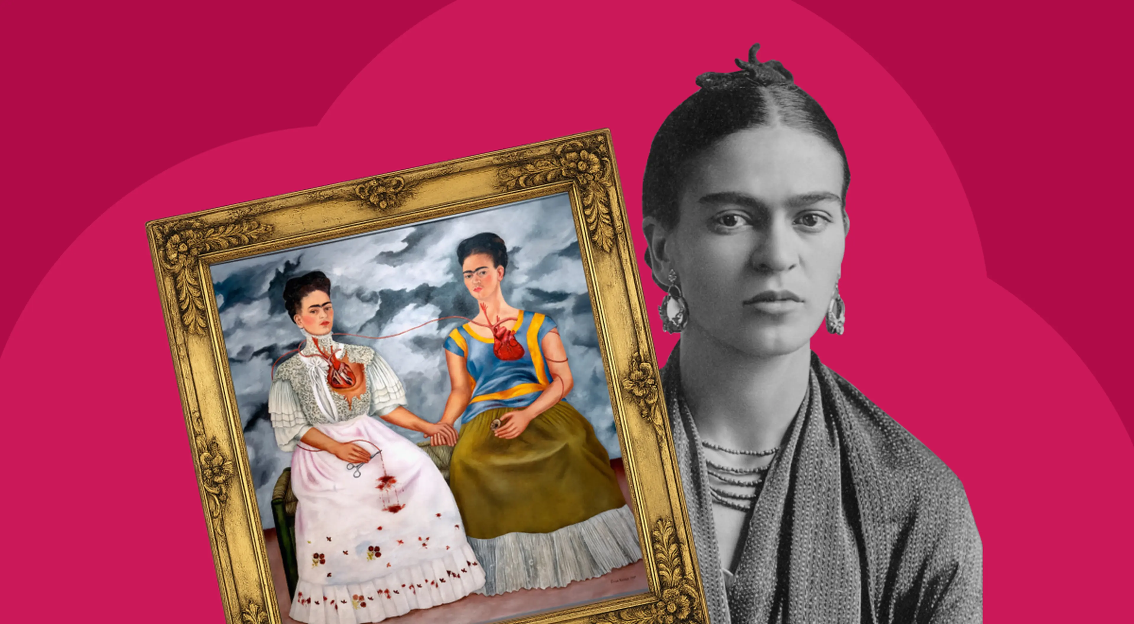 Frida Kahlo art featuring The Two Fridas painting in a gold frame beside a black-and-white portrait of the artist agains