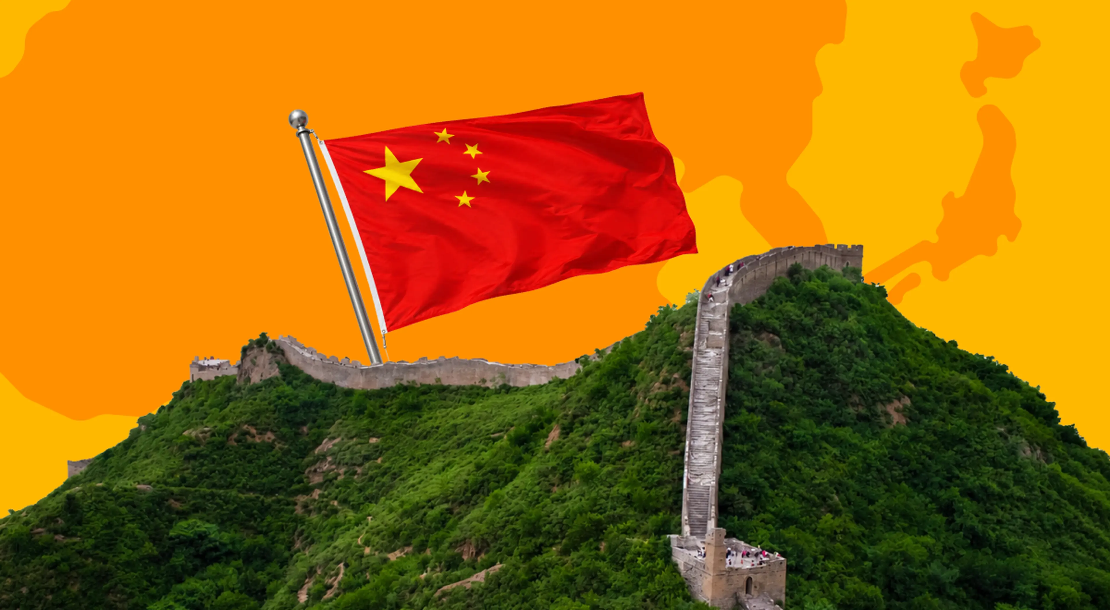 Chinese national flag waving above the Great Wall of China winding across green forested mountains, set against an orange background with a country silhouette