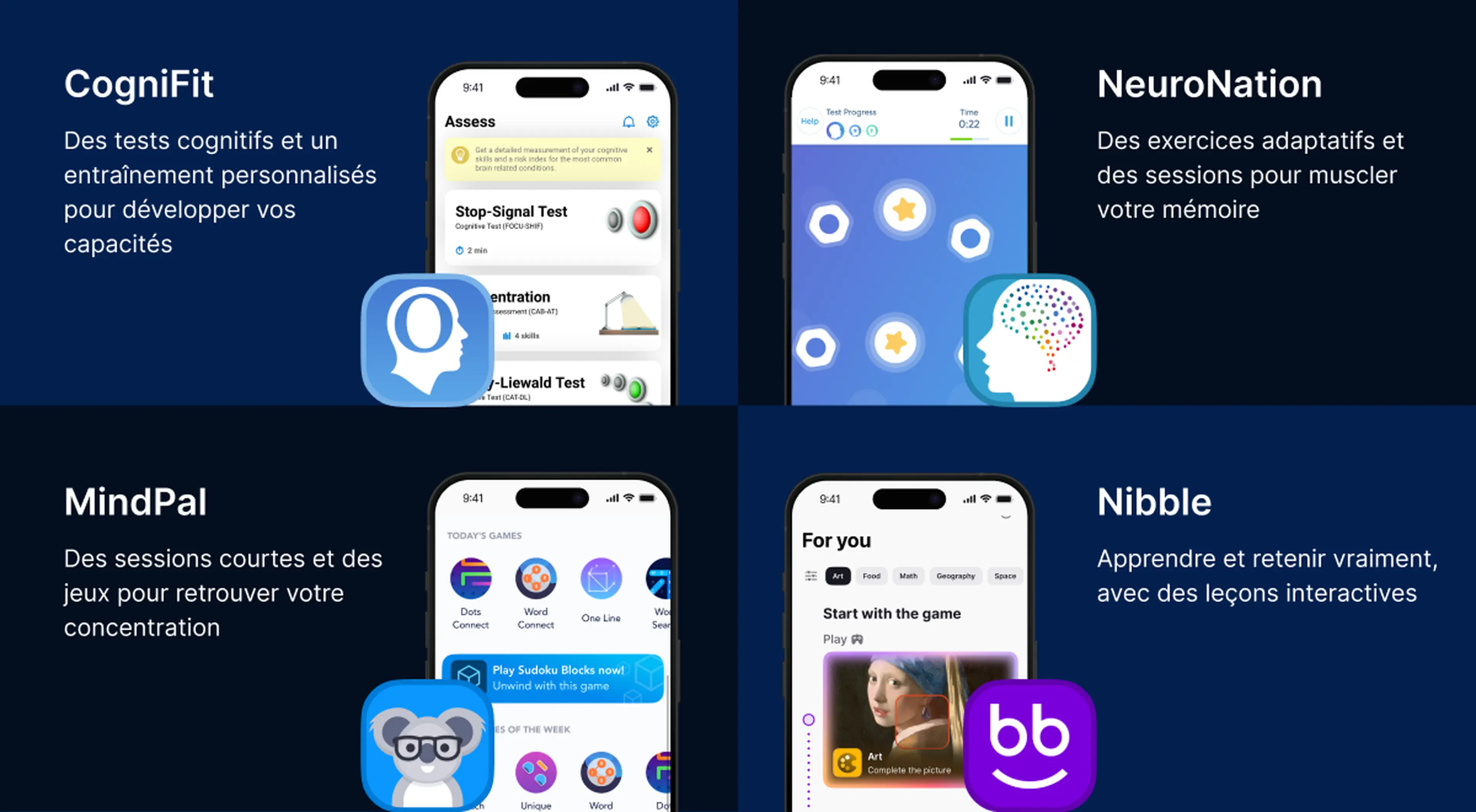 Comparatif de quatre applications d'entraînement cérébral, CogniFit, NeuroNation, MindPal et Nibble, avec captures d'écran sur smartphones et icônes des brain training apps sur fond bleu foncé