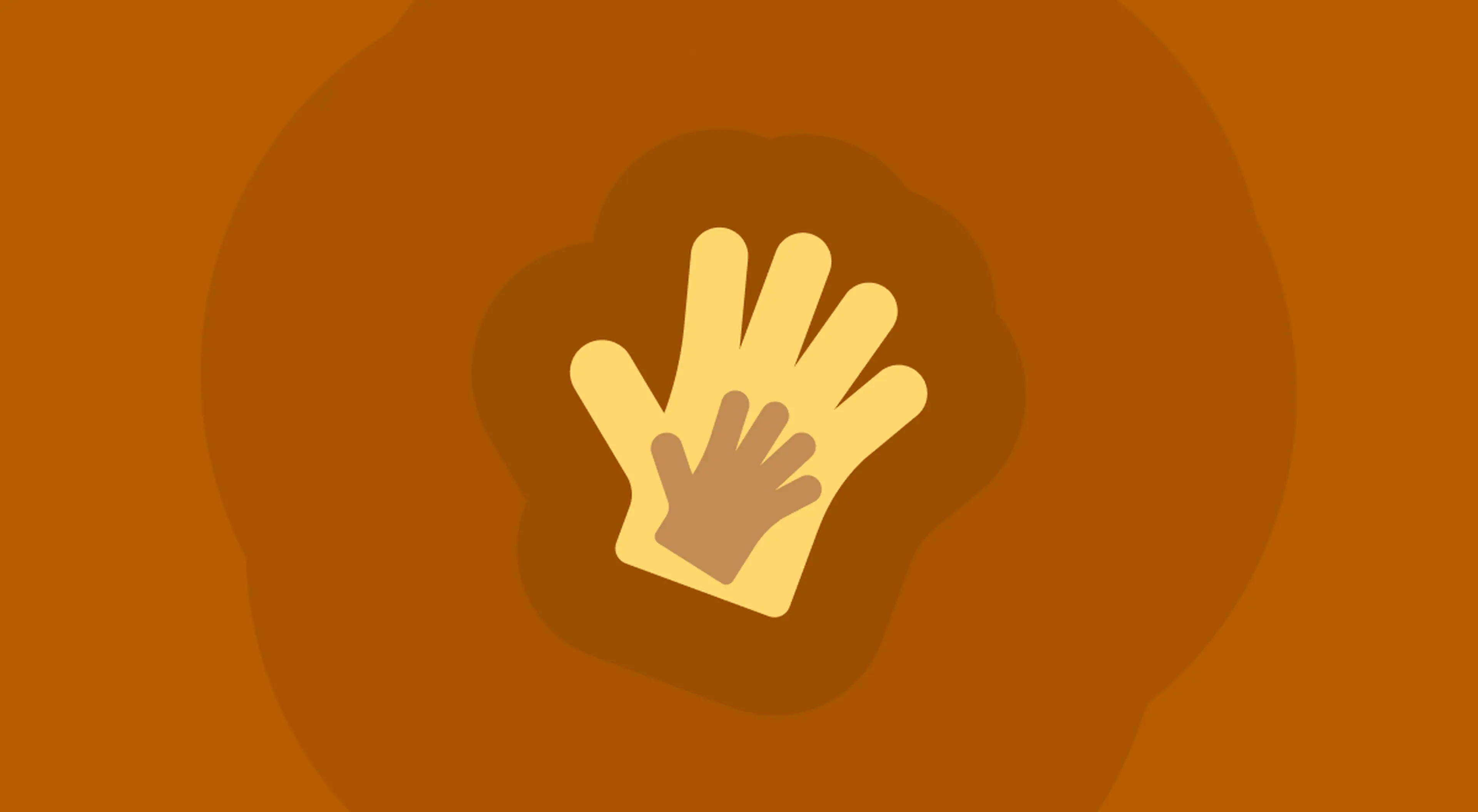 Illustration of a large yellow adult handprint overlapping a smaller brown child's handprint, symbolizing related family bonds, set against a warm orange background