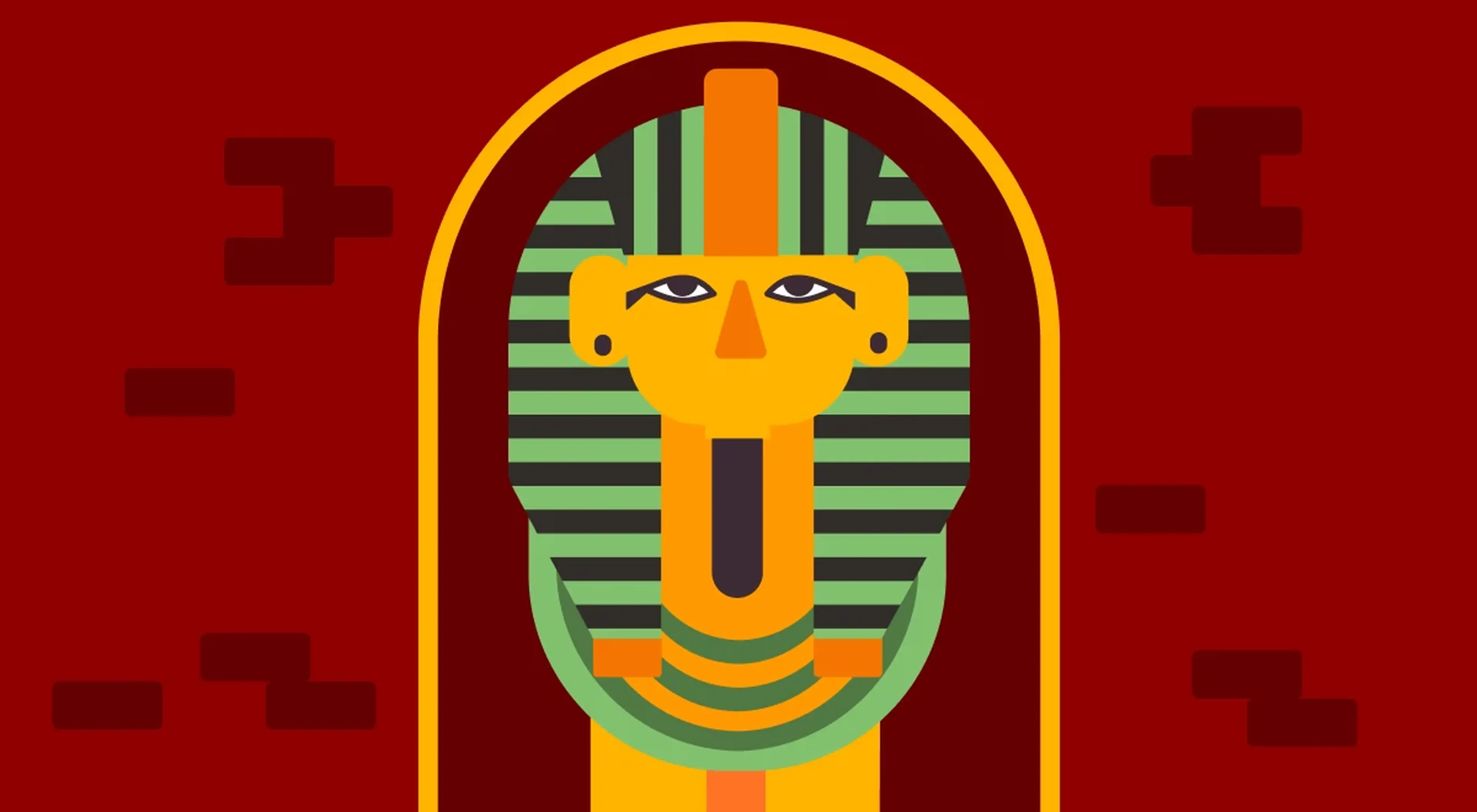 Colorful flat illustration of an ancient Egyptian pharaoh mask with green, yellow, and orange striped nemes headdress centered on a bold red background
