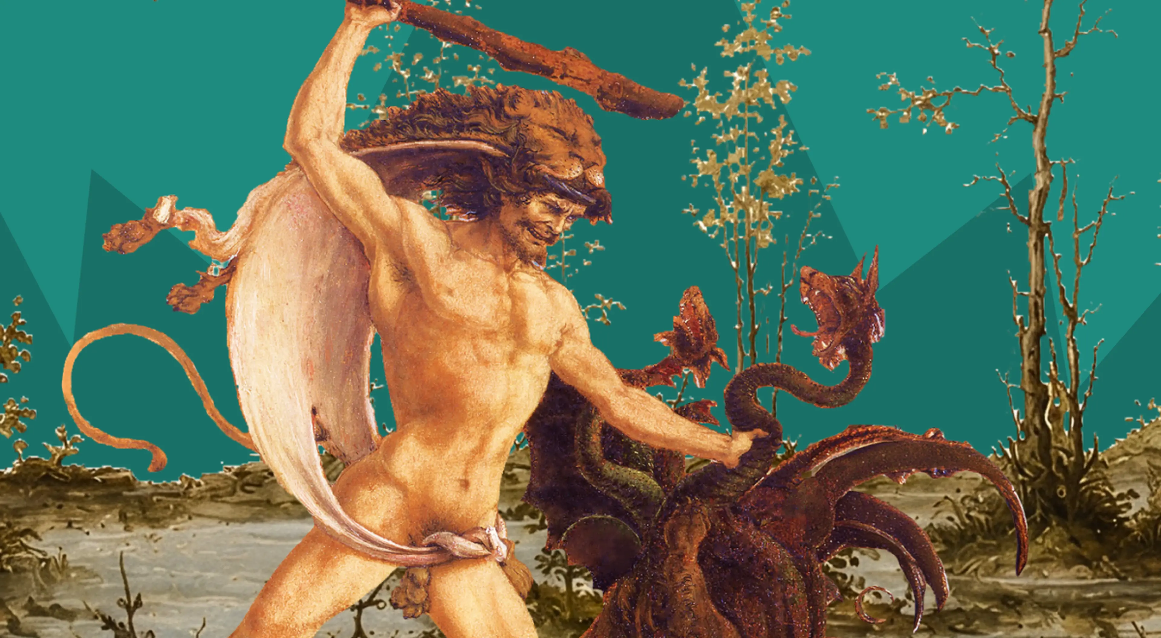 Detail from Antonio del Pollaiuolo's Hercules and the Hydra showing the hero wielding a club against a multi-headed serpent, a classic depiction of Greek myth monsters, set against a teal background with barren trees