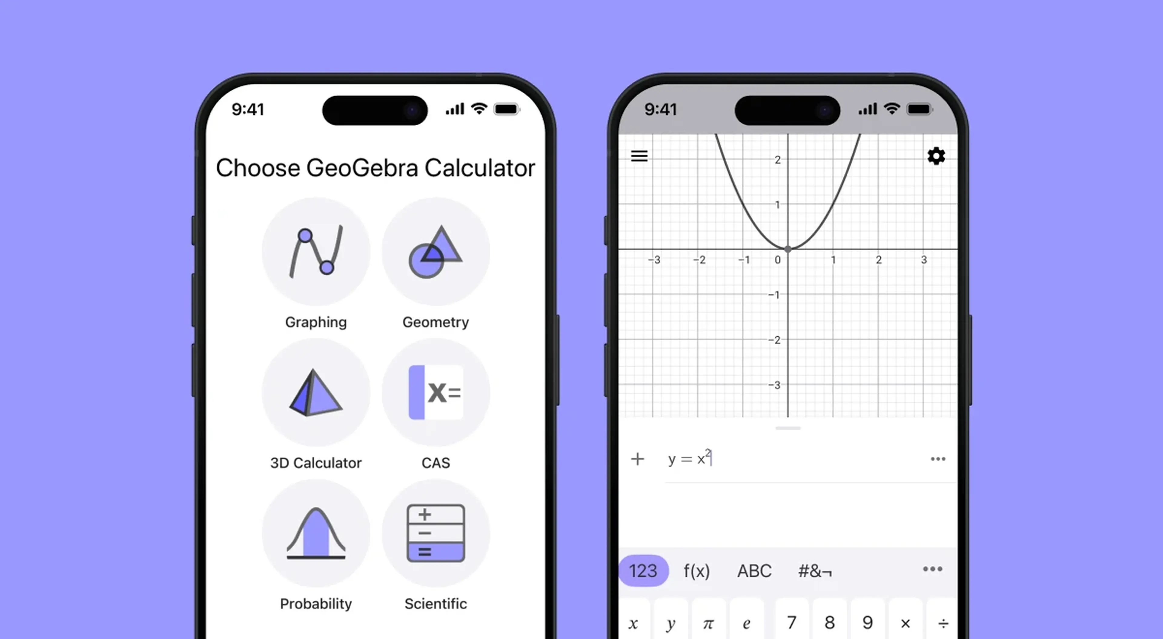 GeoGebra app on two iPhones showing calculator selection screen with graphing, geometry, 3D and CAS tools, and a parabola graph