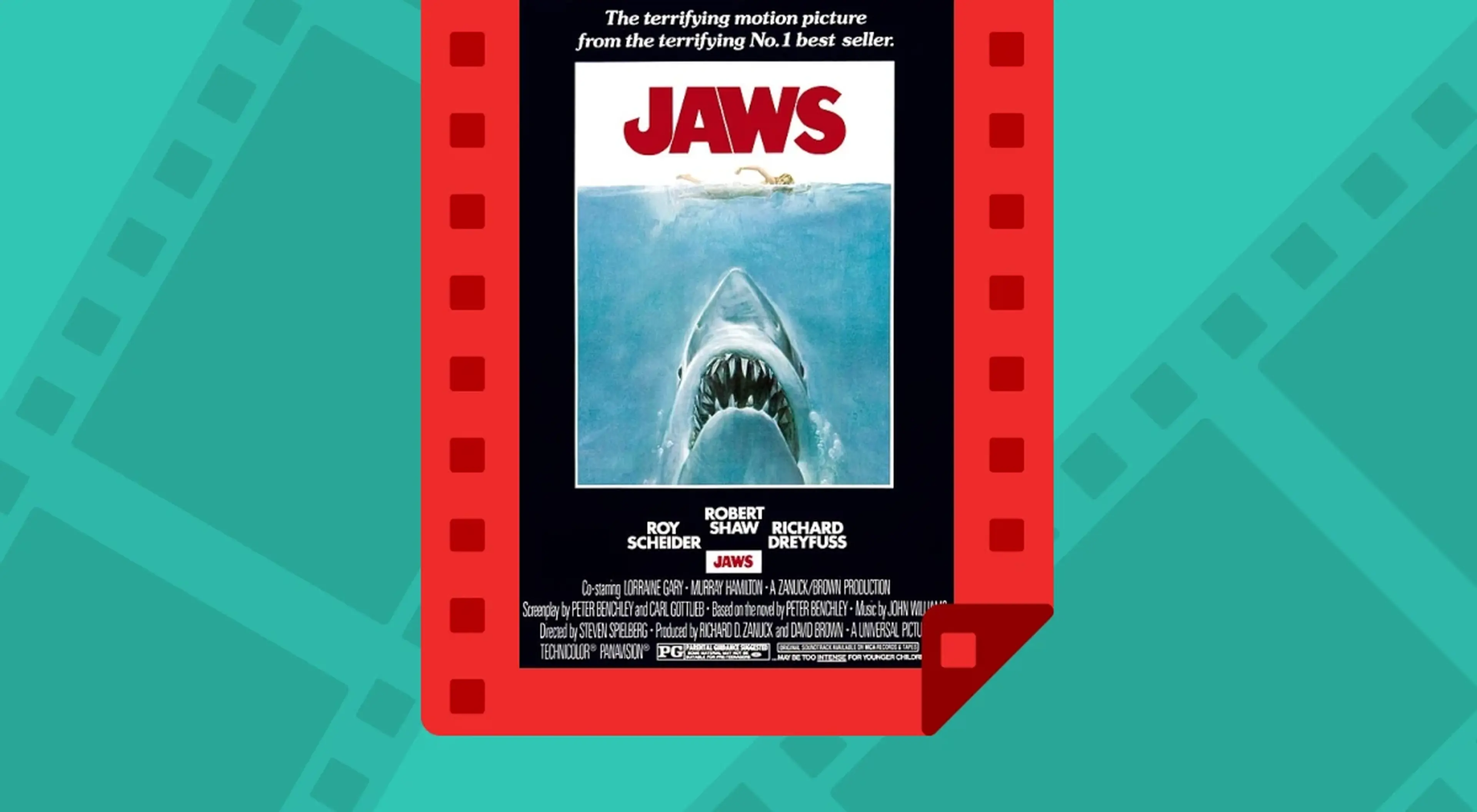 Jaws iconic movie poster featuring shark against red filmstrip frame on teal background with filmstrip pattern, cinema trivia