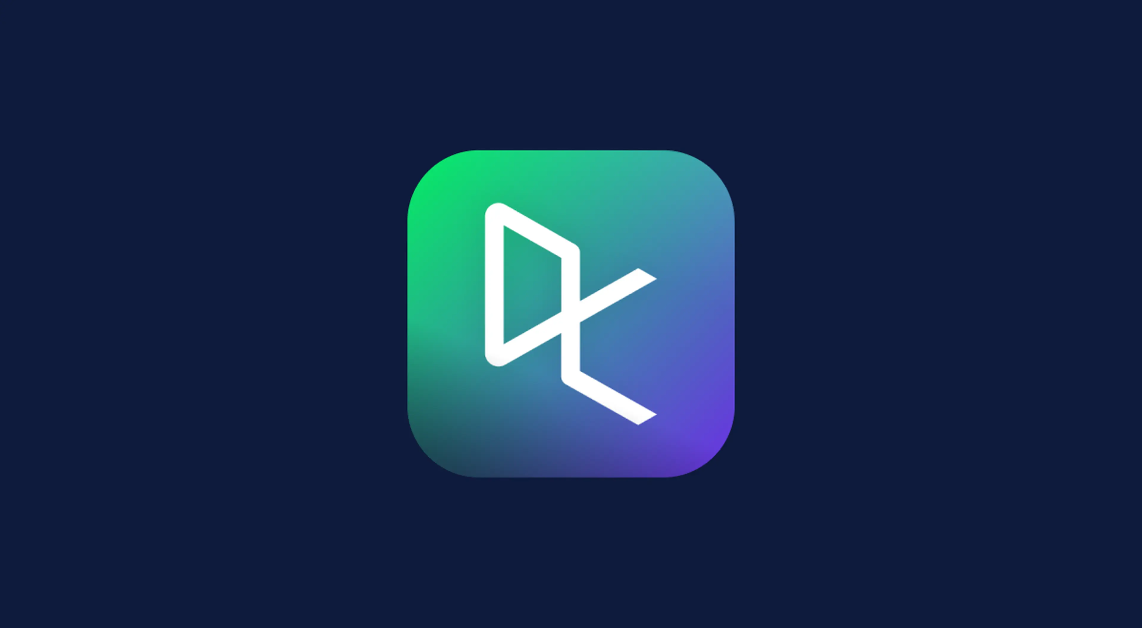DataCamp app icon with a white geometric logo on a green-to-purple gradient rounded square, set against a dark navy background