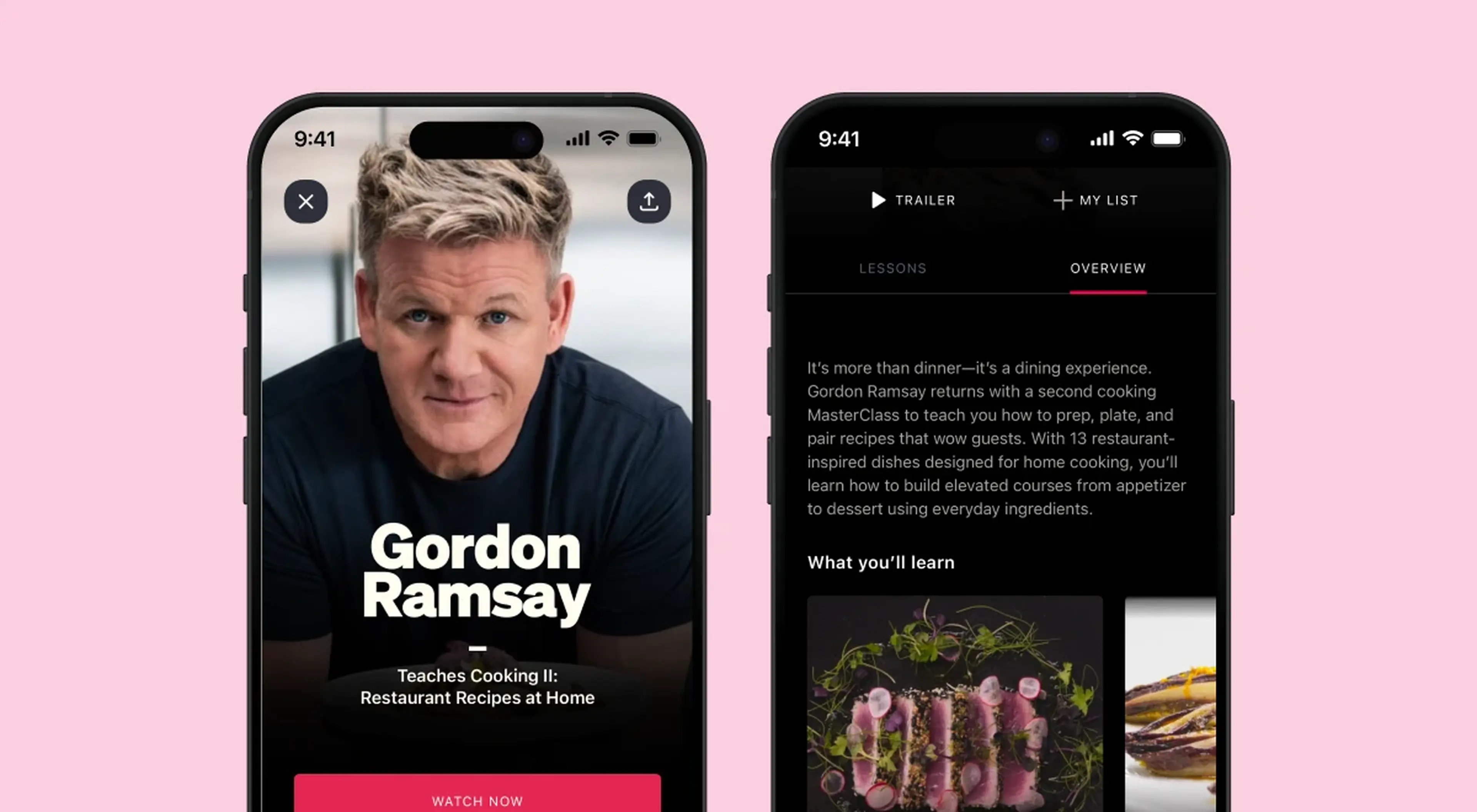 Two smartphones showing the MasterClass app with Gordon Ramsay's cooking course, featuring his portrait and course details screen on a pink background