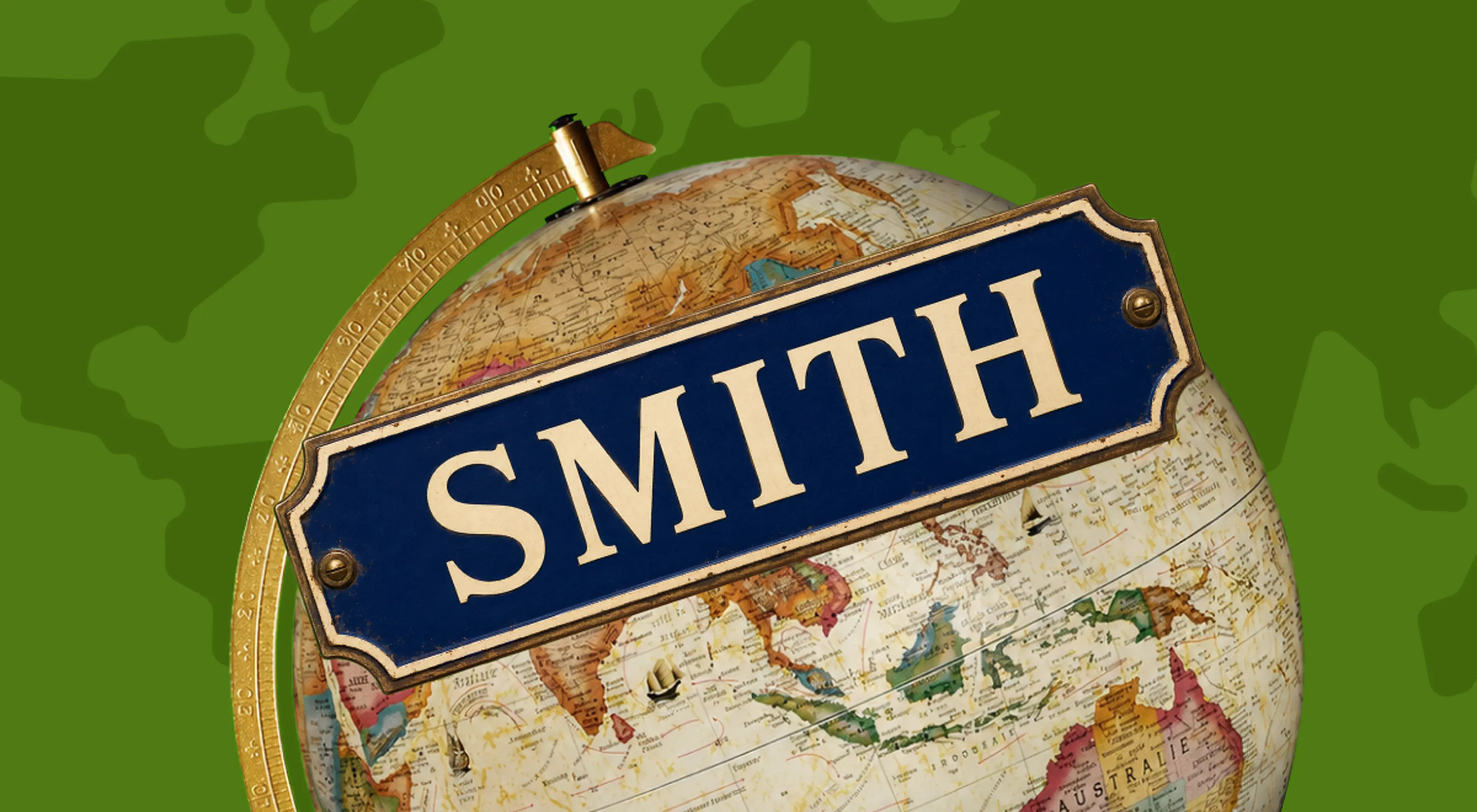 Vintage globe with brass meridian ring displaying a blue enamel street sign reading Smith, the most common surname, against a green world map background