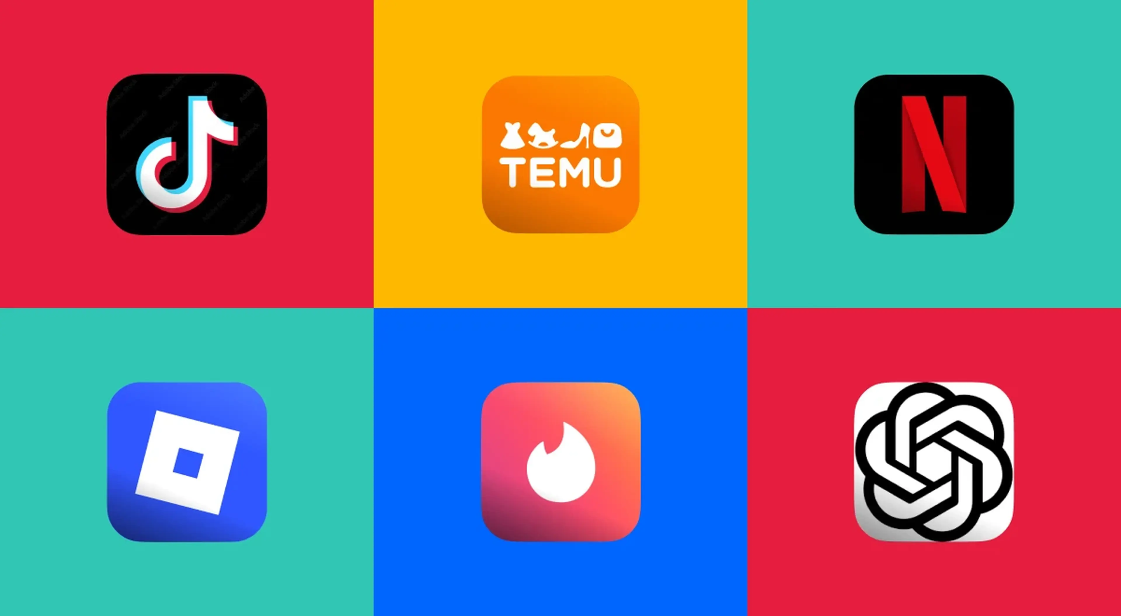 Grid of six colorful popular downloaded app icons including Duolingo, Temu, Netflix, Roblox, Tinder, and ChatGPT on a multicolored background