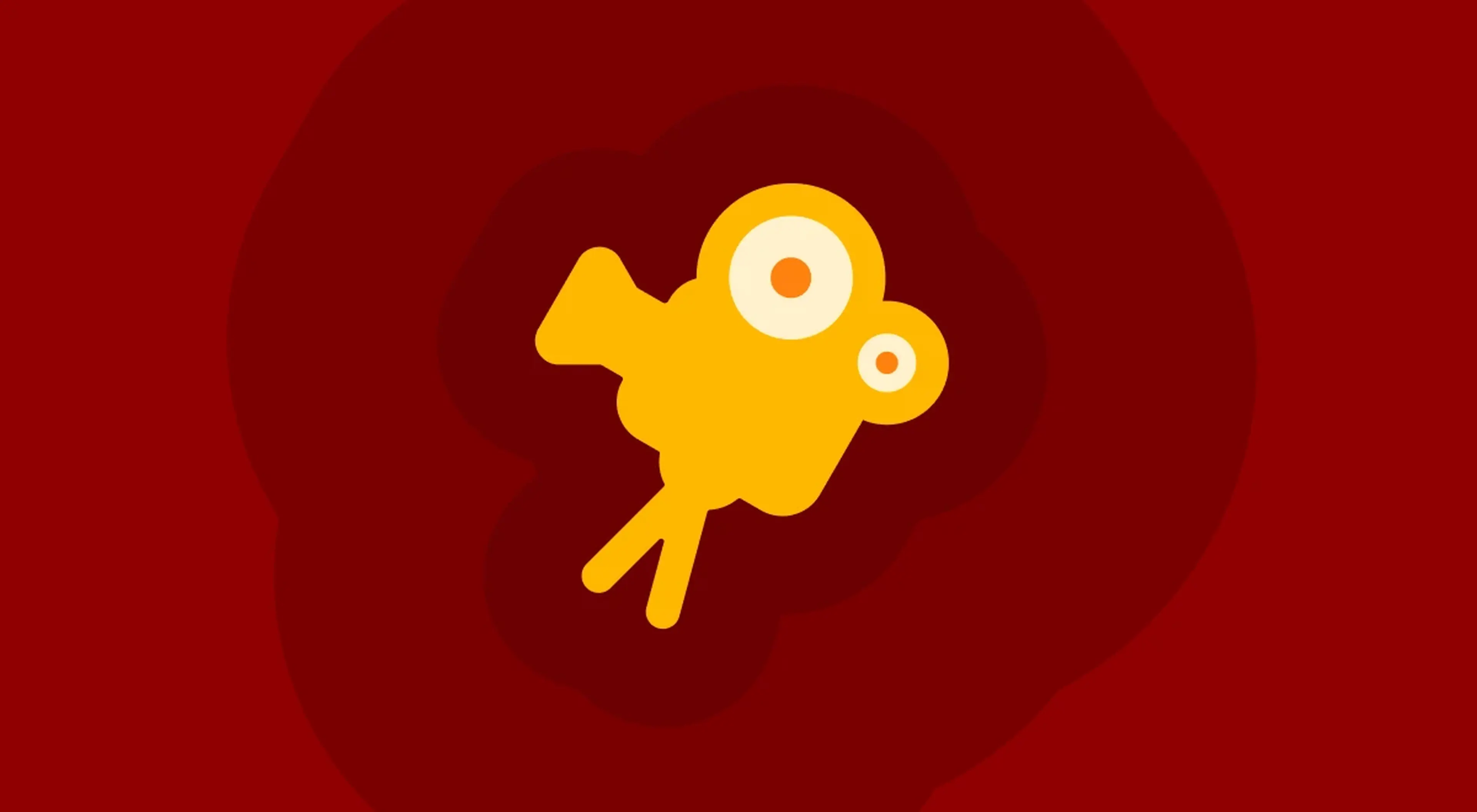 Illustrated yellow film camera icon with blue outline on a dark red radial background, representing a video microlearning app