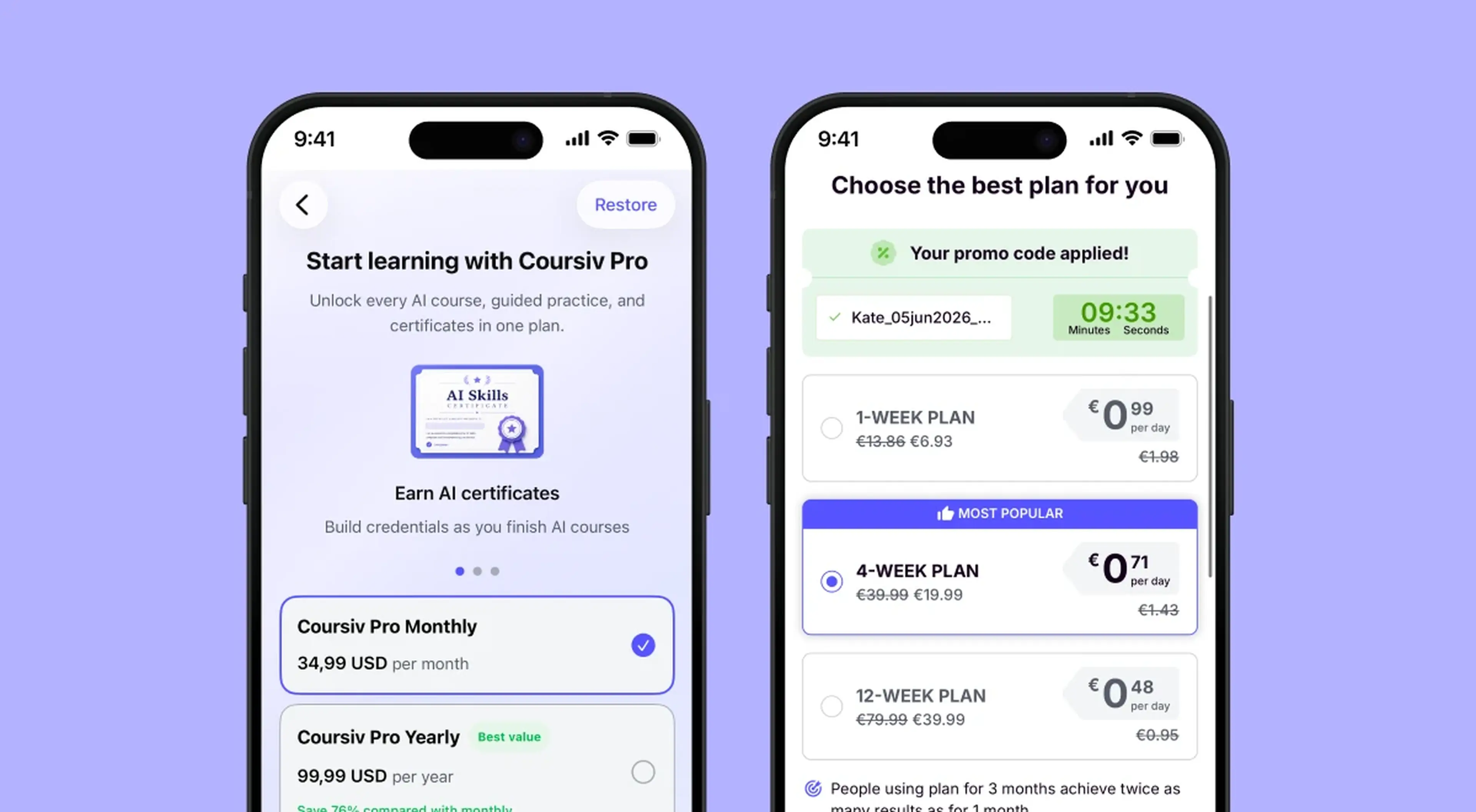 Two iPhone screens showing Coursiv Pro subscription plans including monthly and yearly options, with a promo code applied and pricing in USD and EUR