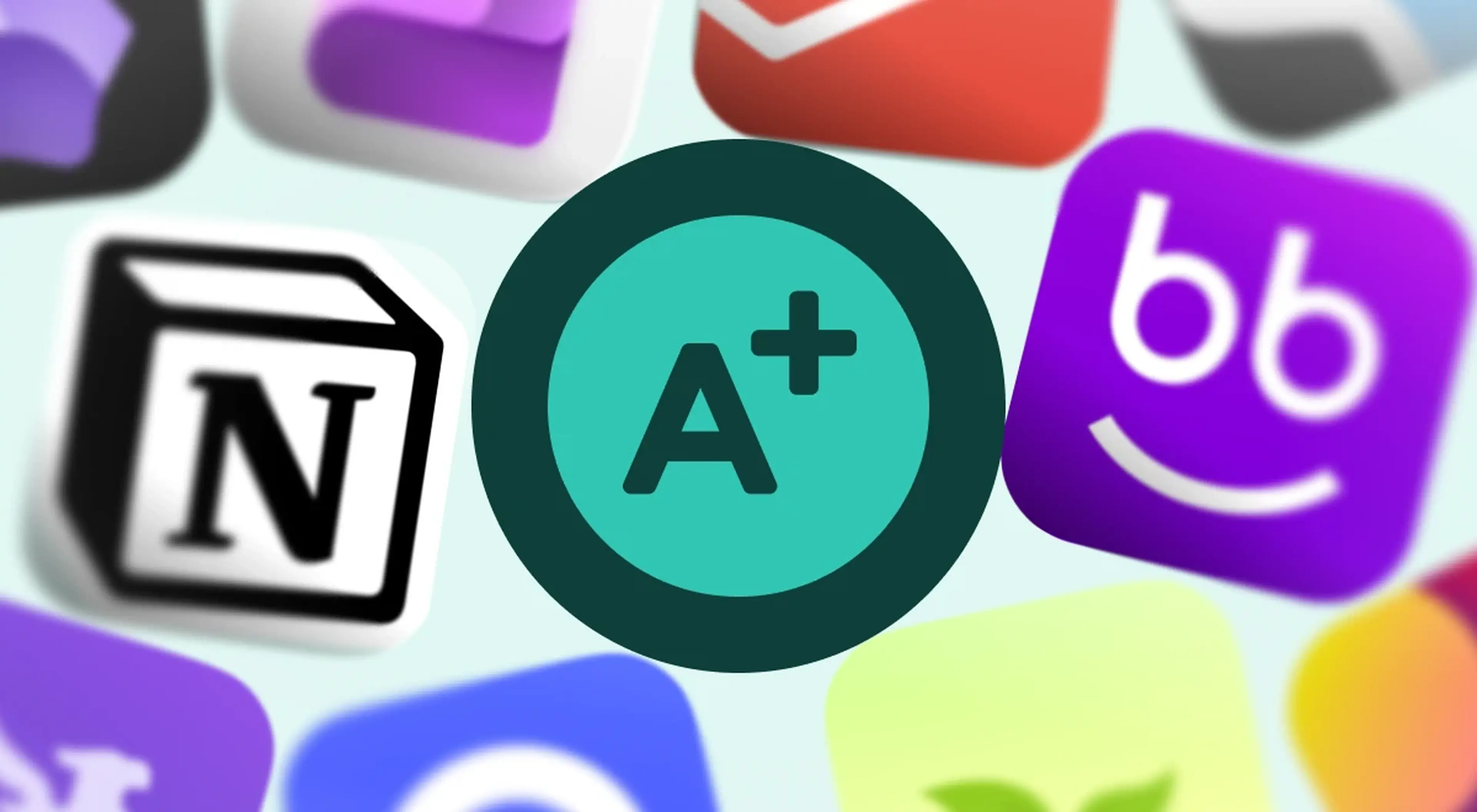 A grade icon in the foreground surrounded by blurred Notion, Nibble, and other student app icons on a light blue background
