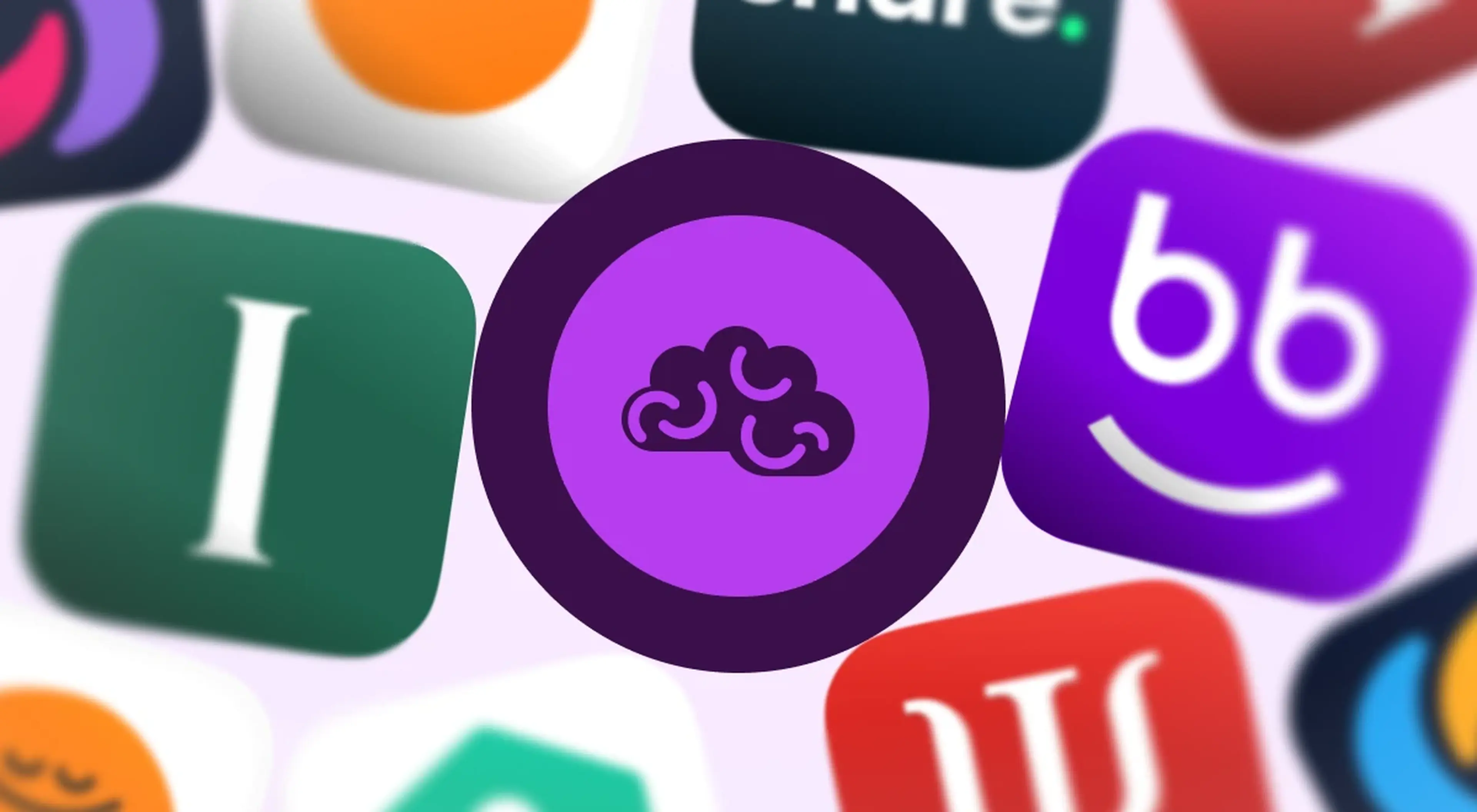 Nibble and Imprint app icons  among blurred app icons on a light purple background, featured among best psychology apps for adults