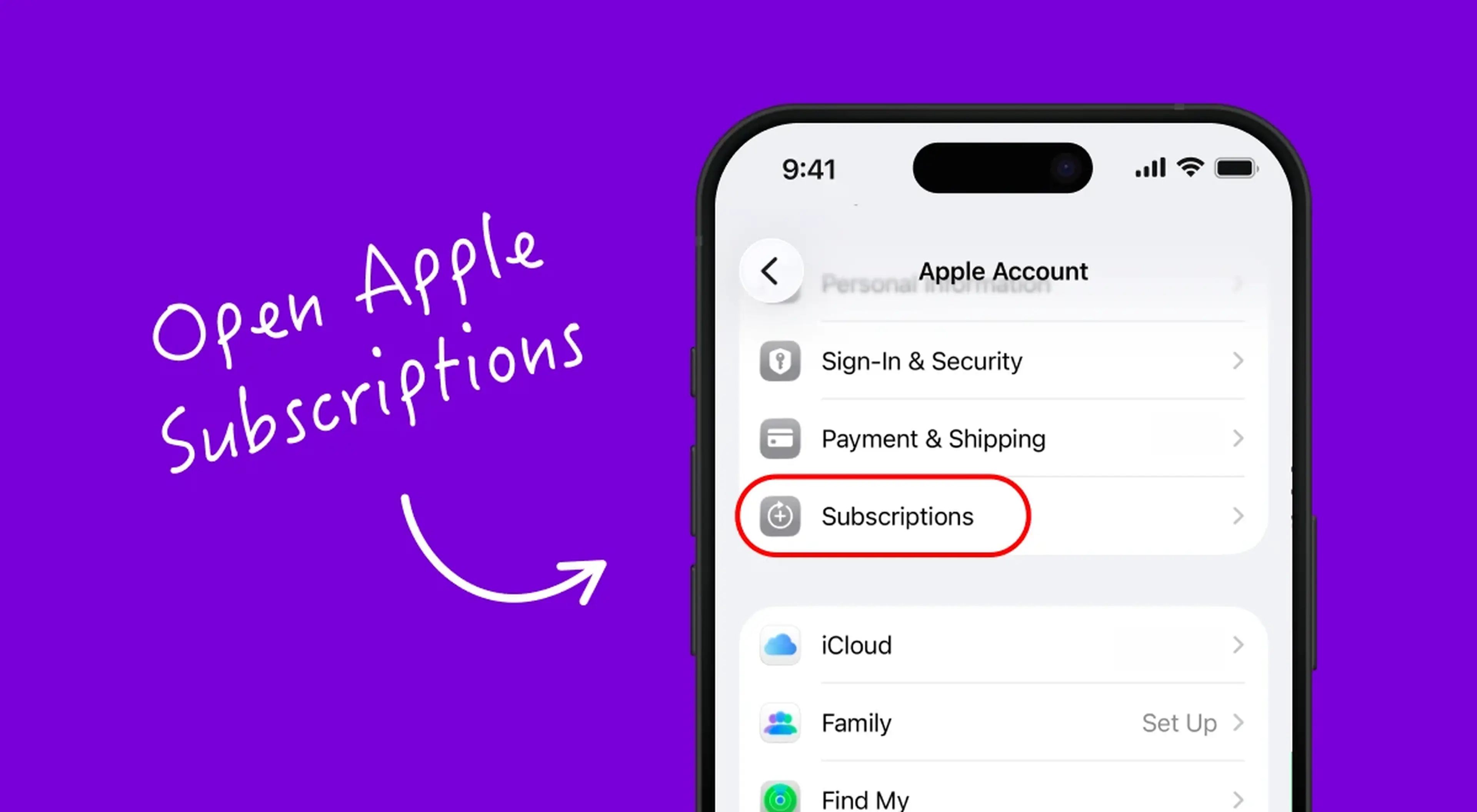 iPhone screenshot on purple background showing how to open Apple Account Subscriptions settings to manage or cancel an Apple subscription