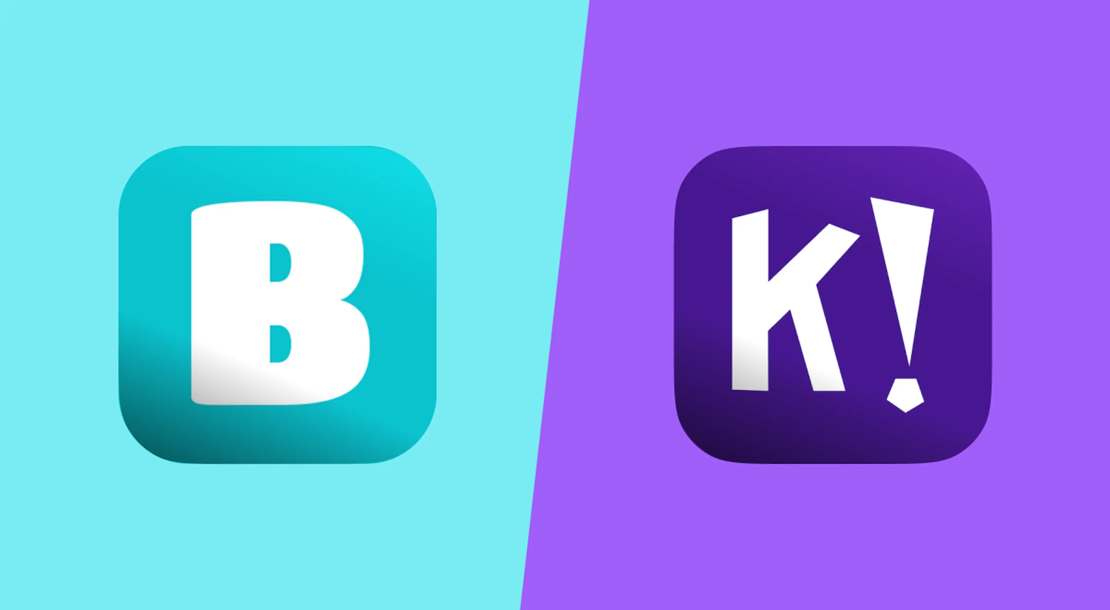 Blooket vs Kahoot app icons side by side, teal Blooket logo on a light blue background and purple Kahoot logo on a violet background