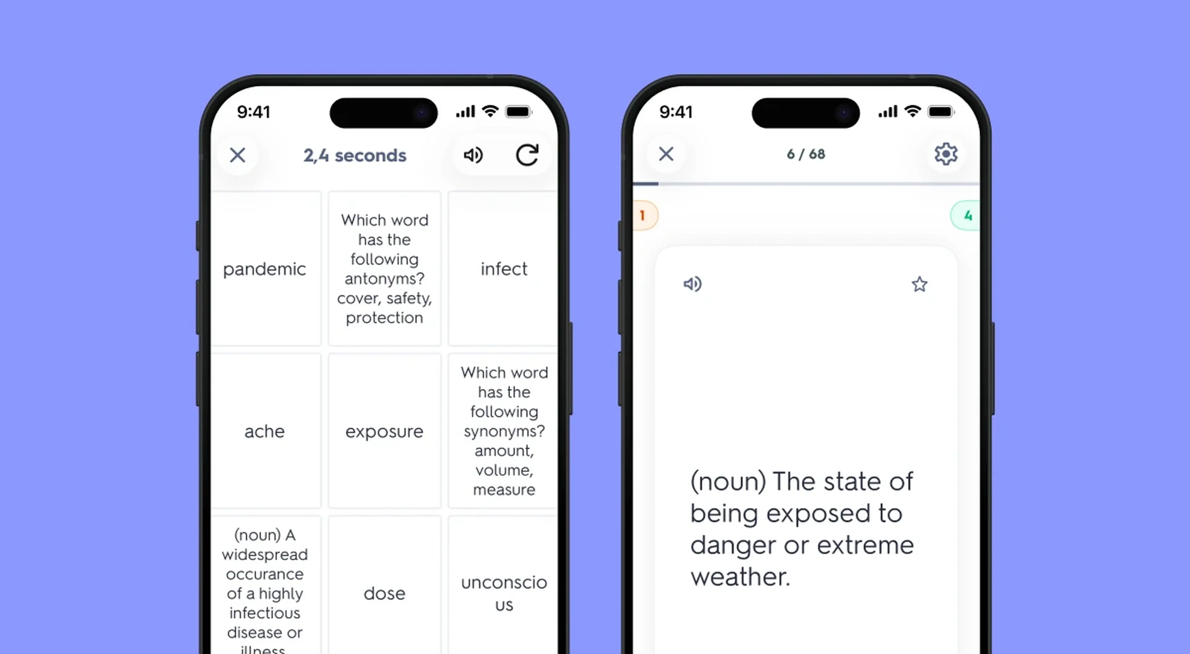 Two iPhone screens showing Quizlet flashcard study session with vocabulary synonym matching exercise and a word definition flashcard