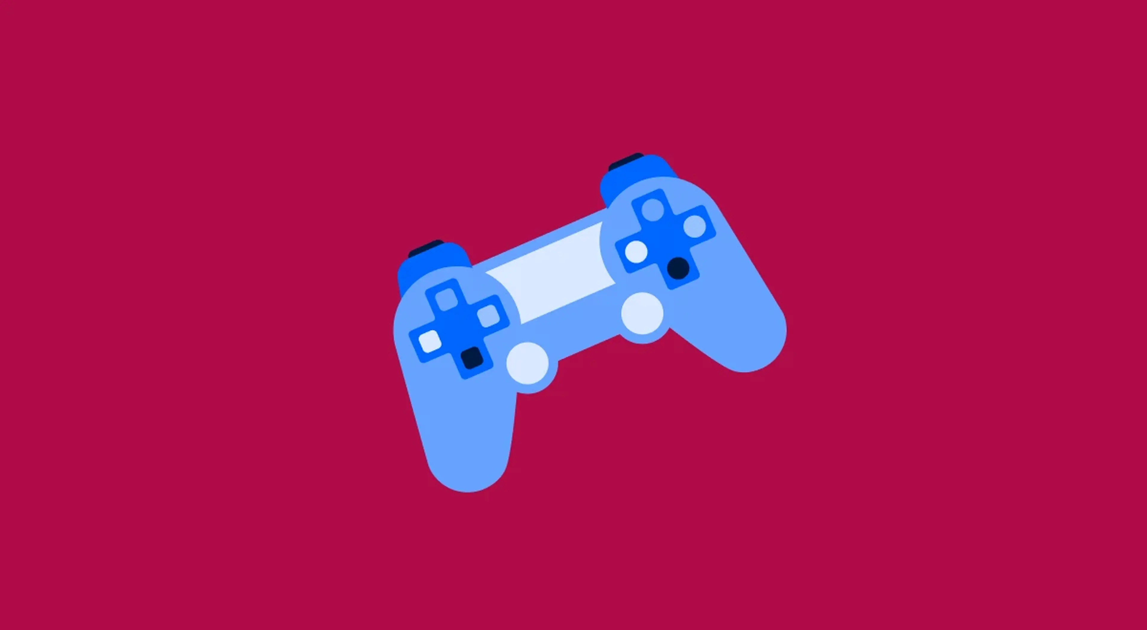 Flat illustration of a blue video game controller on a deep red background, representing gaming and video game trivia topics