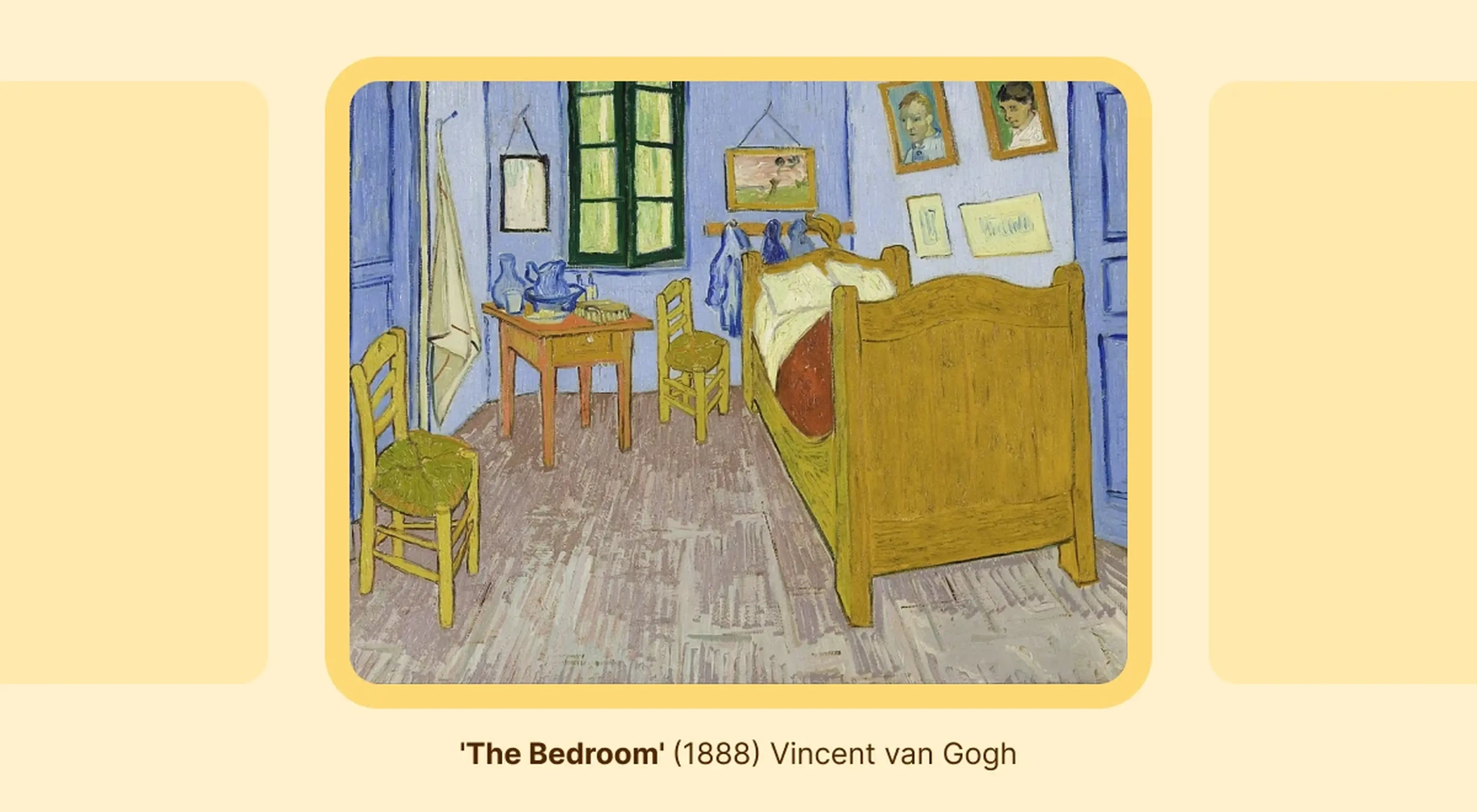 Vincent van Gogh's The Bedroom painting from 1888 depicting a simply furnished room with a wooden bed, chairs, and artwork on blue walls
