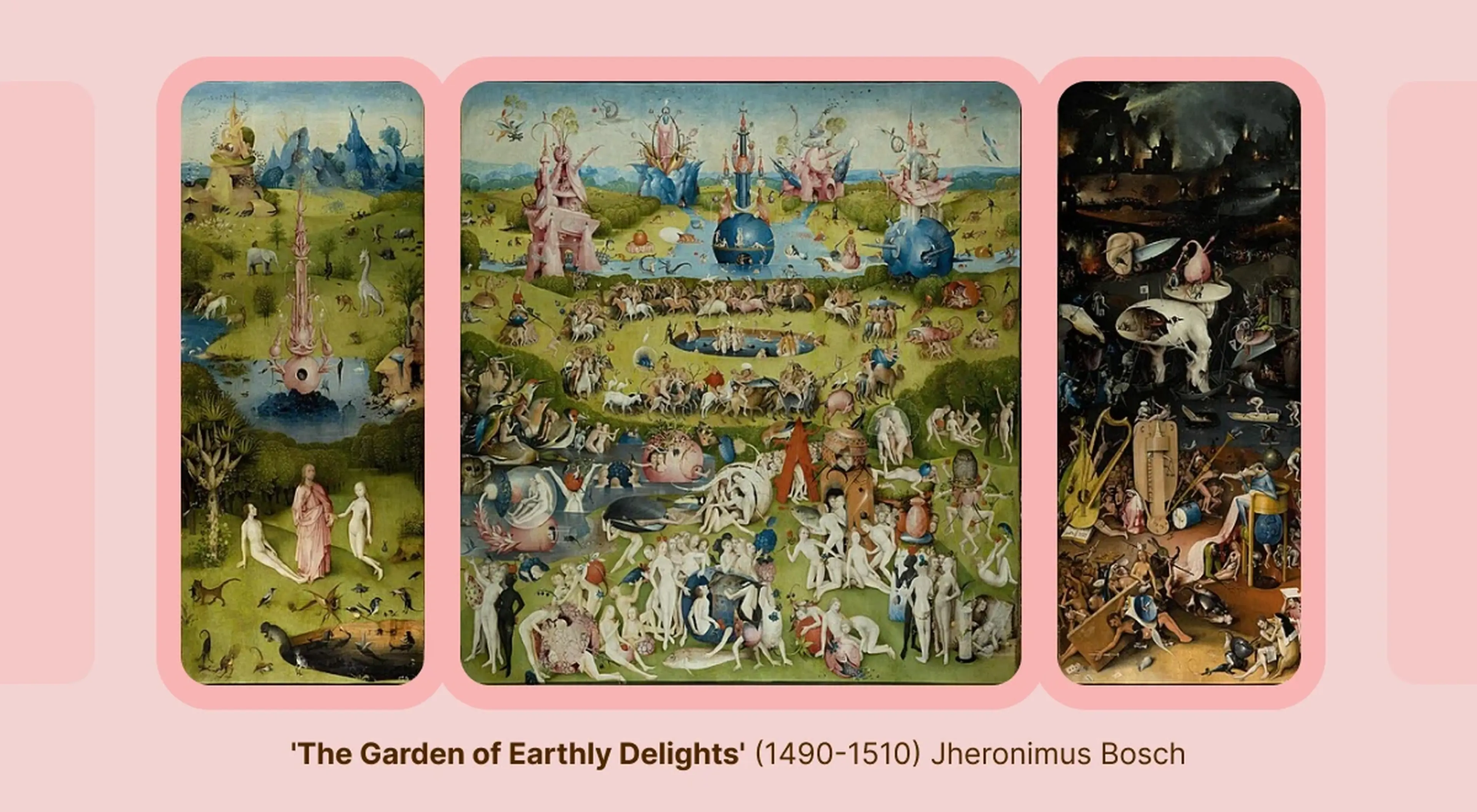 Hieronymus Bosch's triptych The Garden of Earthly Delights (1480–1510) showing three panels with fantastical figures, creatures, and surreal landscapes