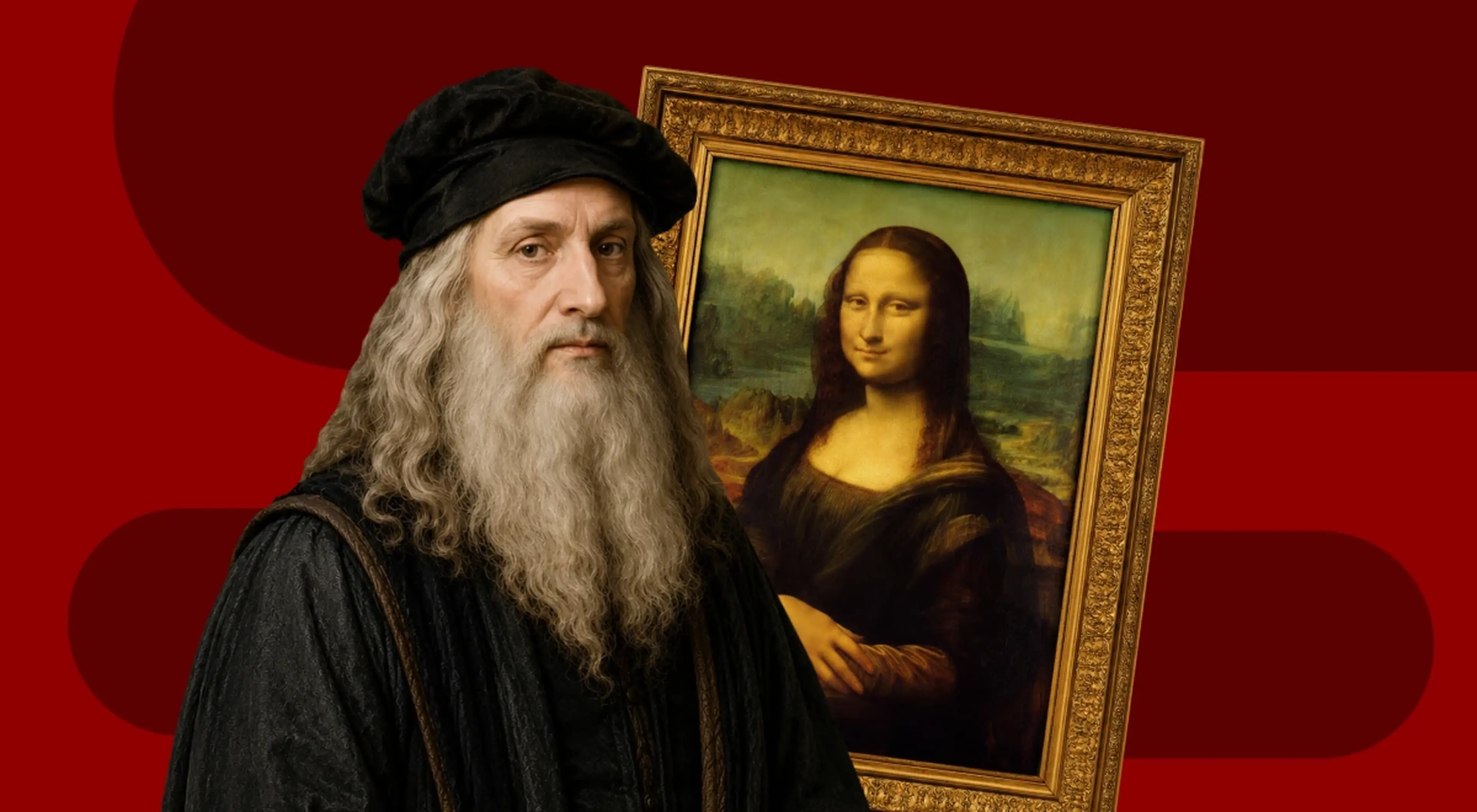 Illustrated Leonardo da Vinci holding a framed Mona Lisa painting against a red background with abstract dark red circle shapes, representing most famous paintings in history