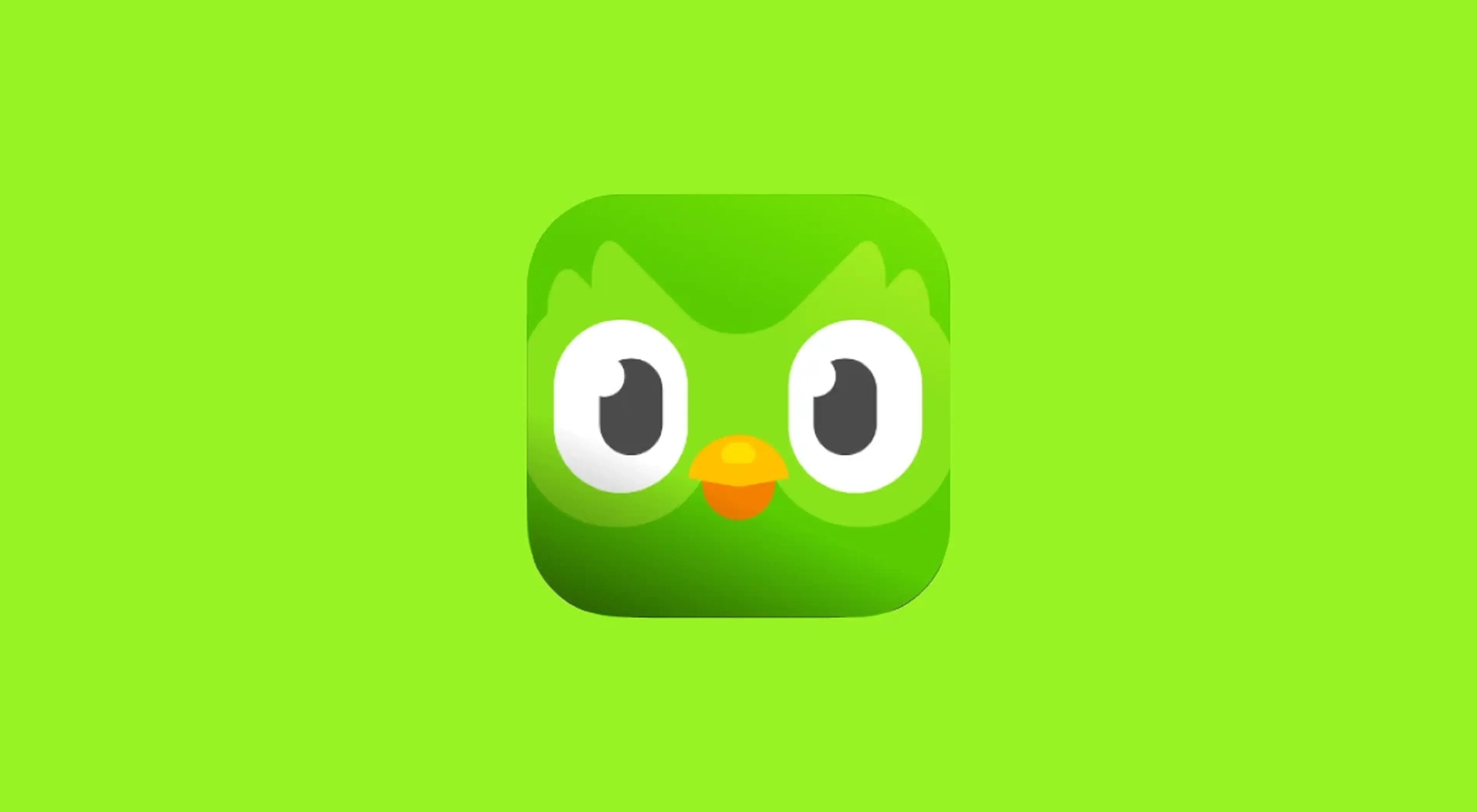 Duolingo app icon featuring a green owl with white eyes and an orange beak on a bright lime green background