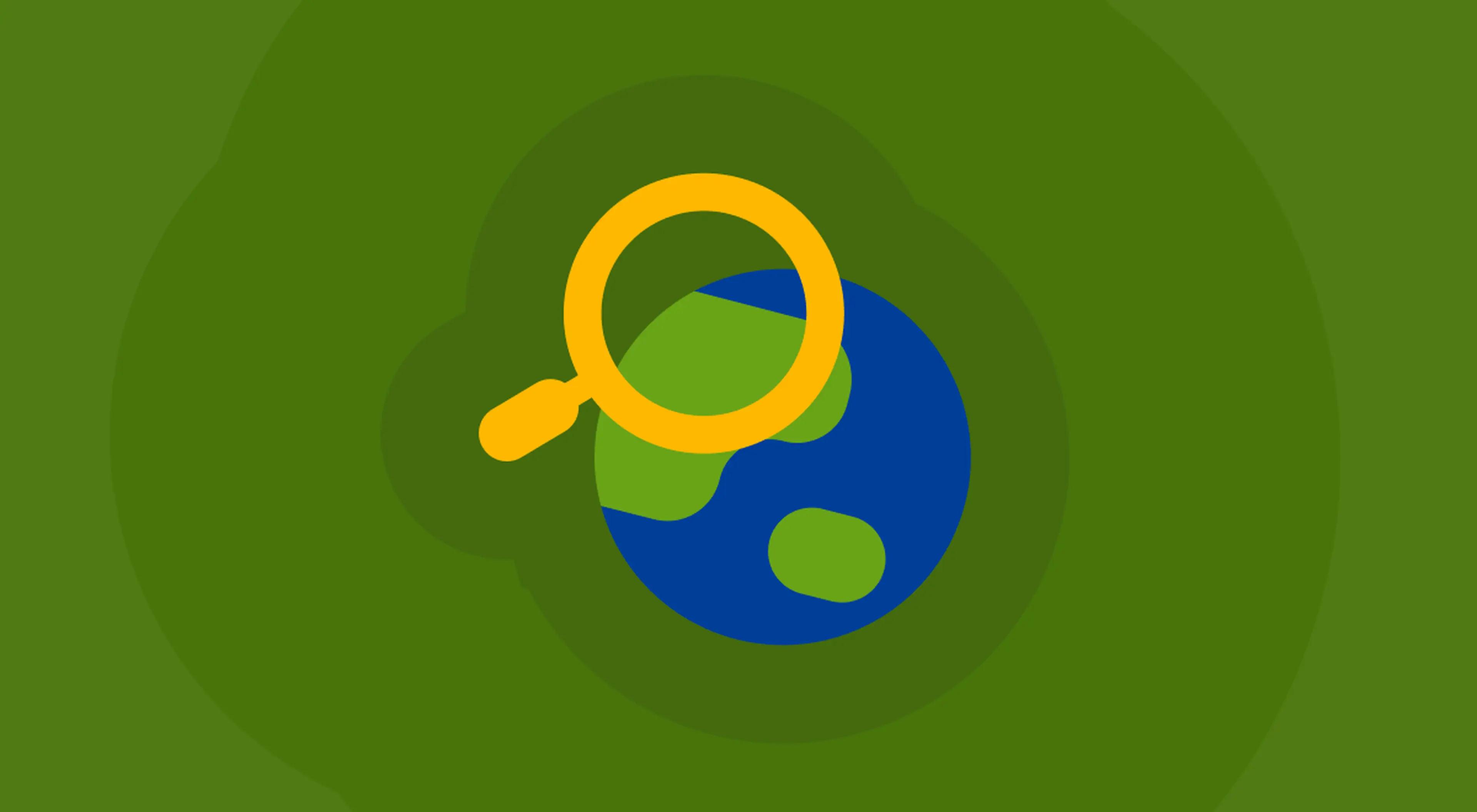 Illustration of a yellow magnifying glass examining a blue and green globe, symbolizing all-around knowledge and global exploration on a green background