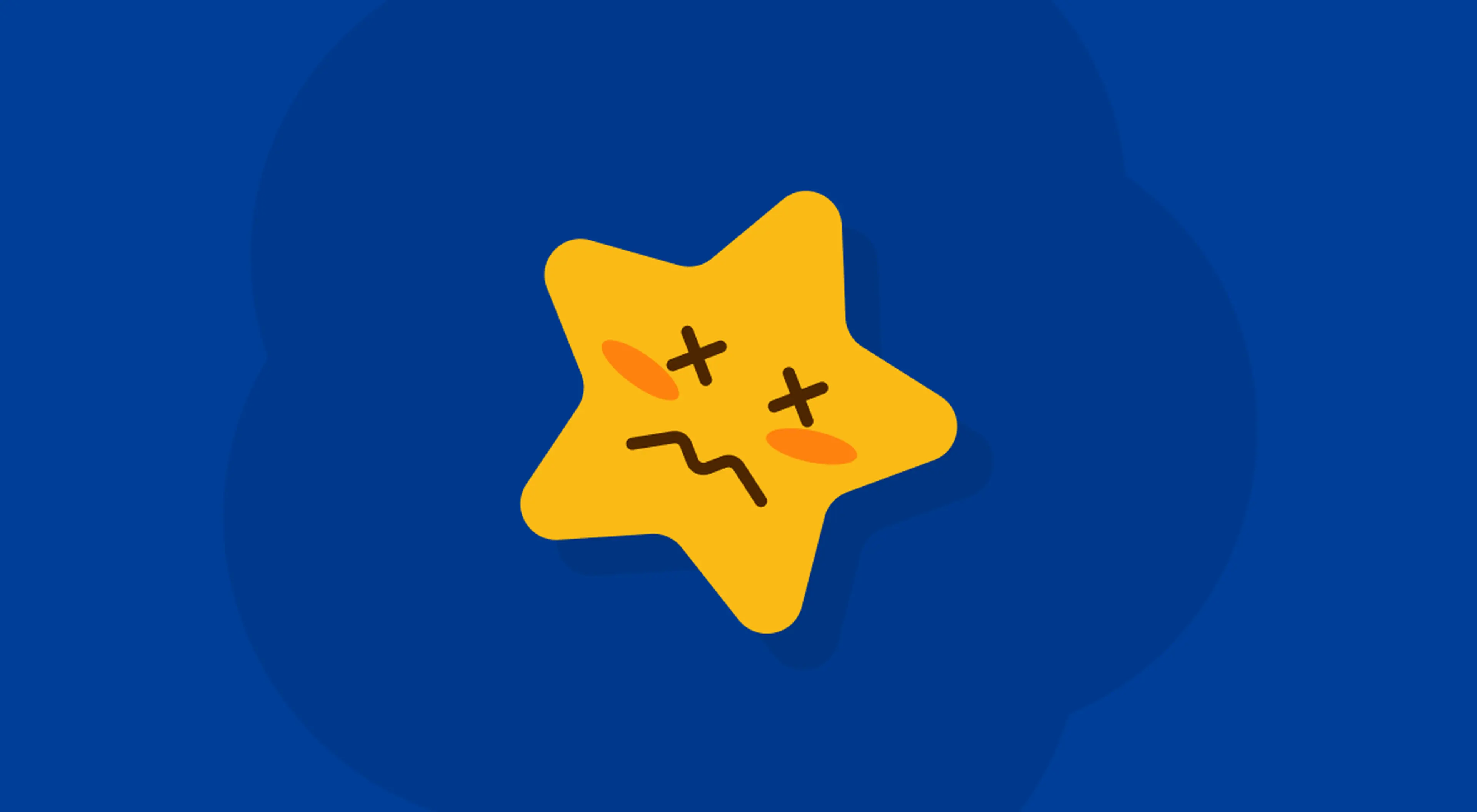Illustration of how stars die shown as a dizzy yellow cartoon star with X-shaped eyes and a wavy mouth on a dark blue background