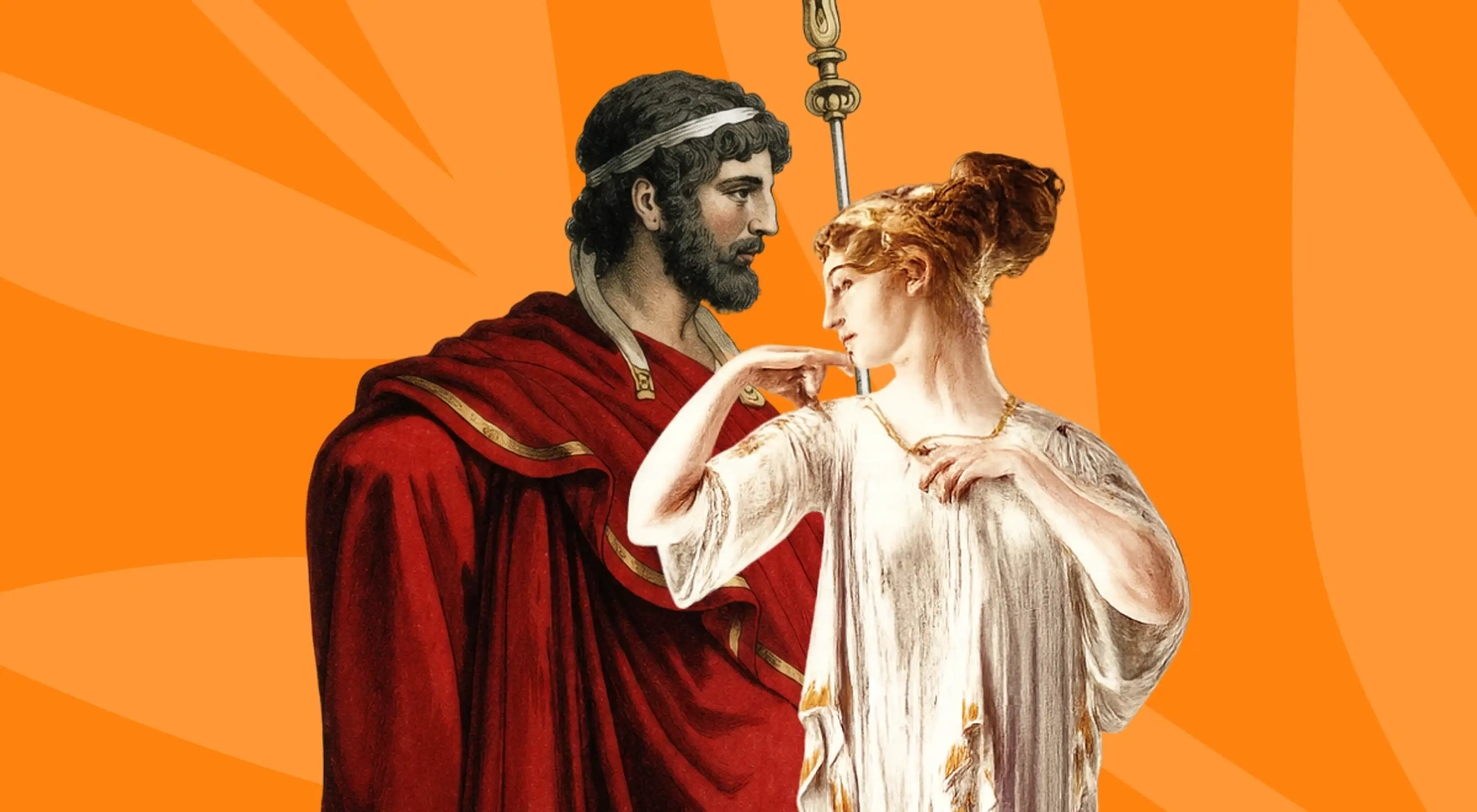 Classical illustration of a man in a red ancient Greek himation offering a ring to a woman in a white chiton, set against a bright orange sunburst background