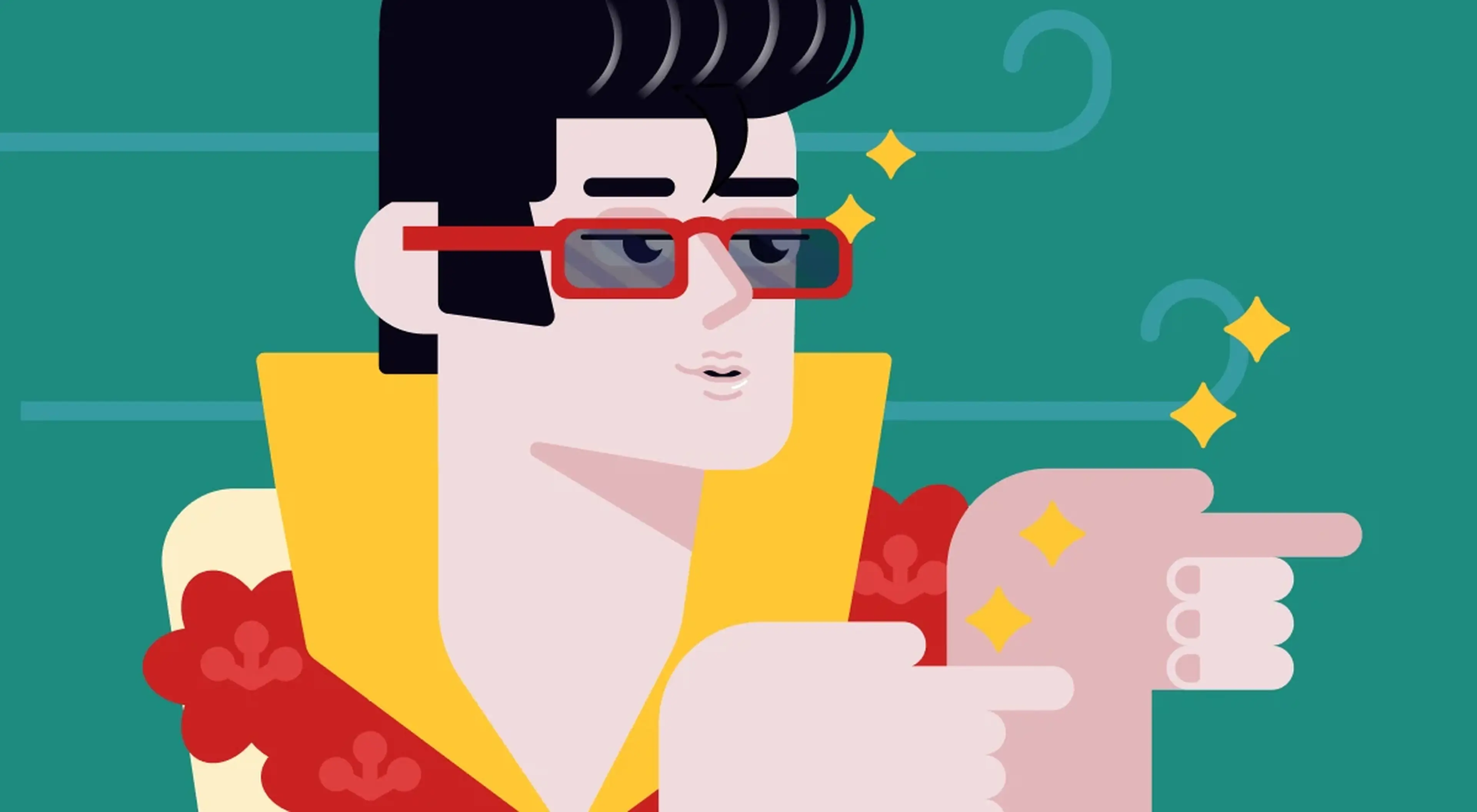 Illustrated retro-style man with red glasses and yellow jacket pointing finger sideways on teal background with sparkle elements_