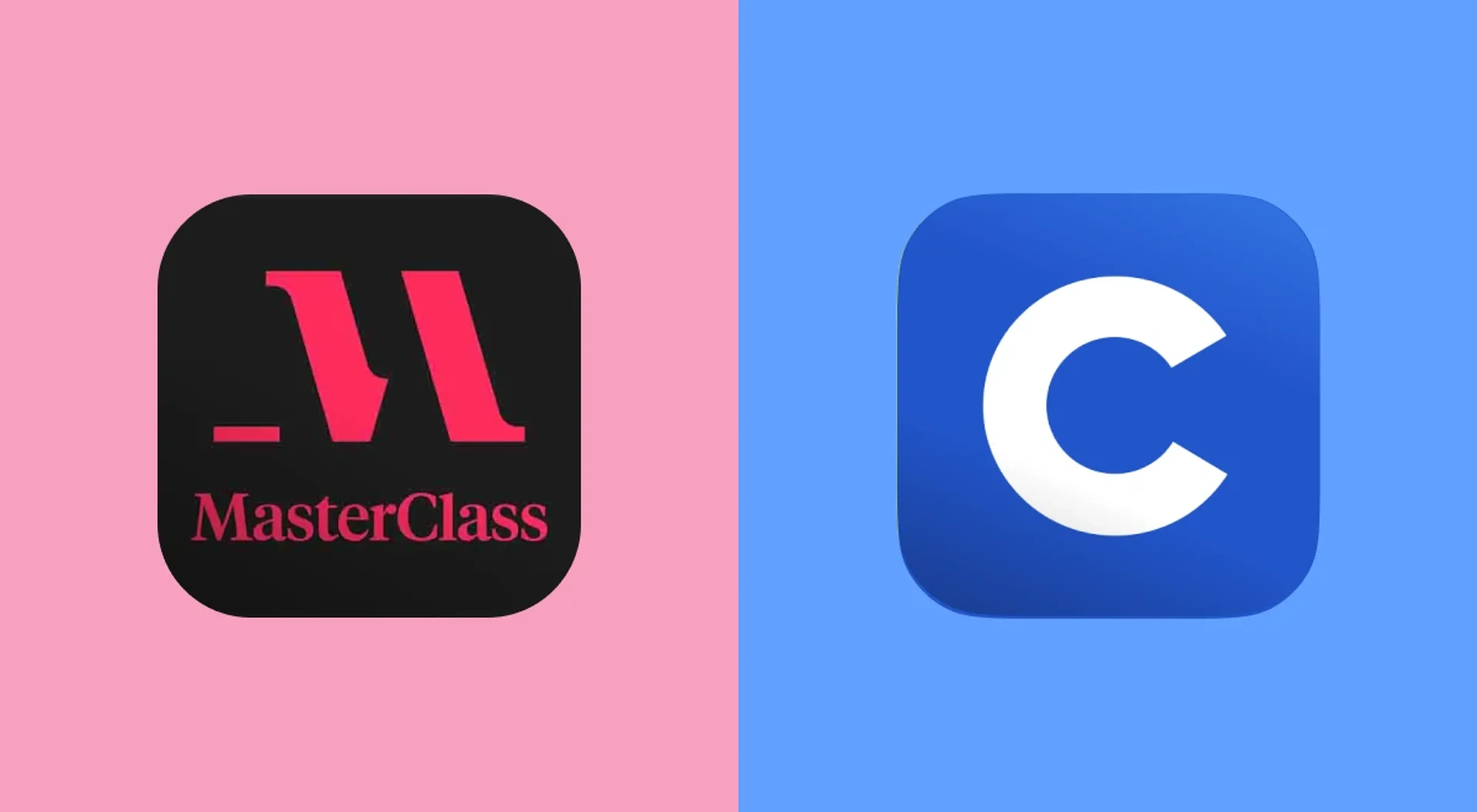MasterClass app icon on a pink background next to Coursera app icon on a blue background, side-by-side comparison of two online learning platforms