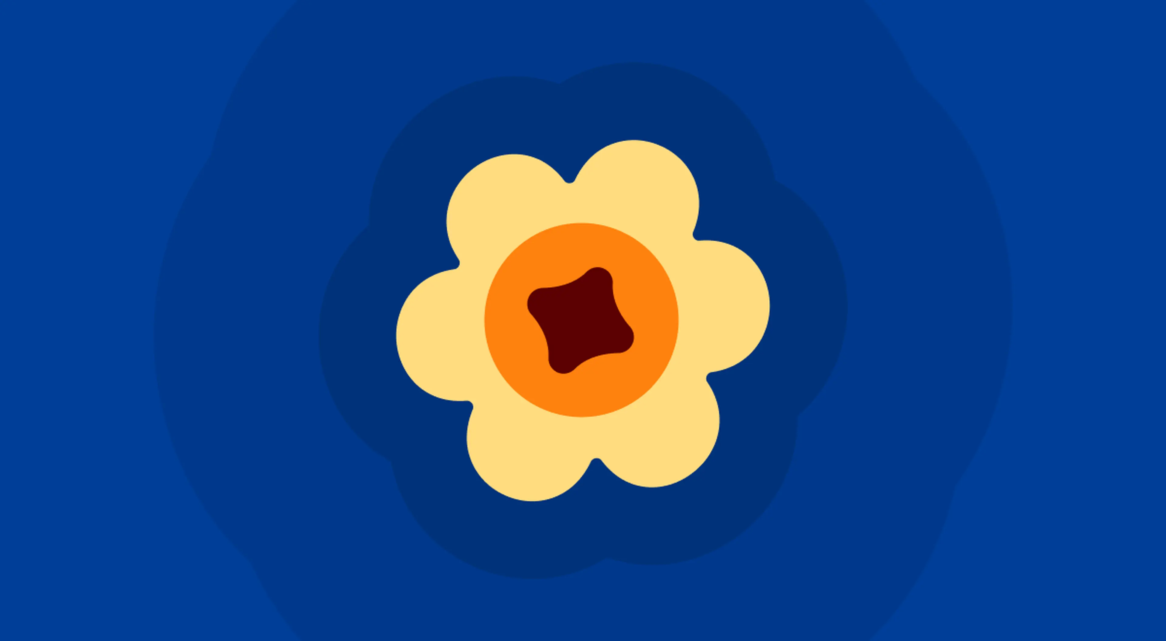 Illustrated flower with cream petals, an orange center and dark red core on a deep blue background symbolizing intellectual wellness
