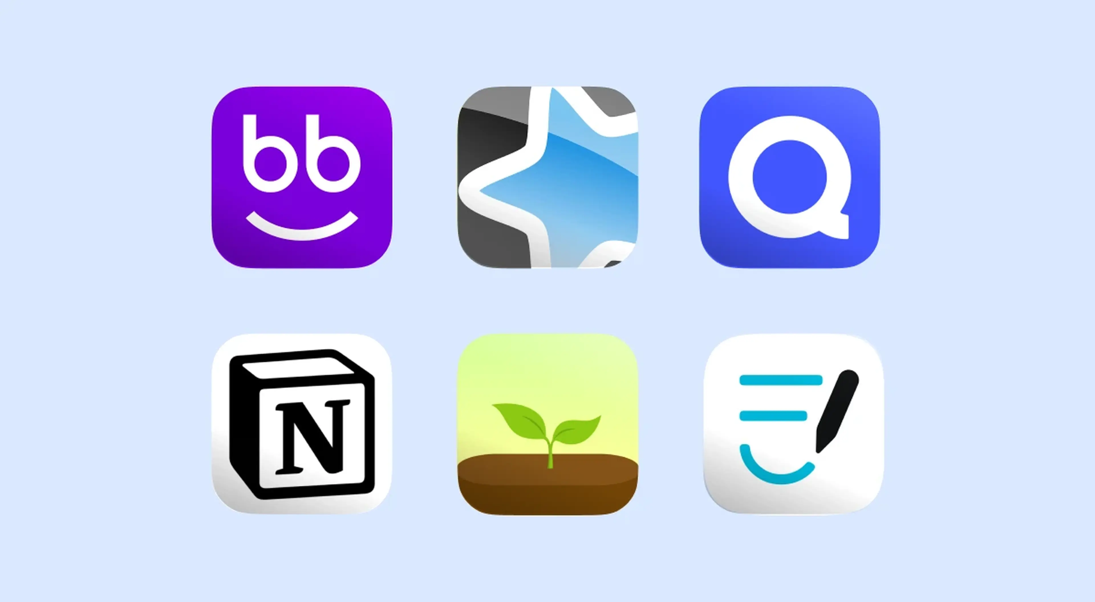 Six study app icons on light blue background including Nibble, Tempi, Quip, Notion, Savings 3, and GoodTask for college productivity