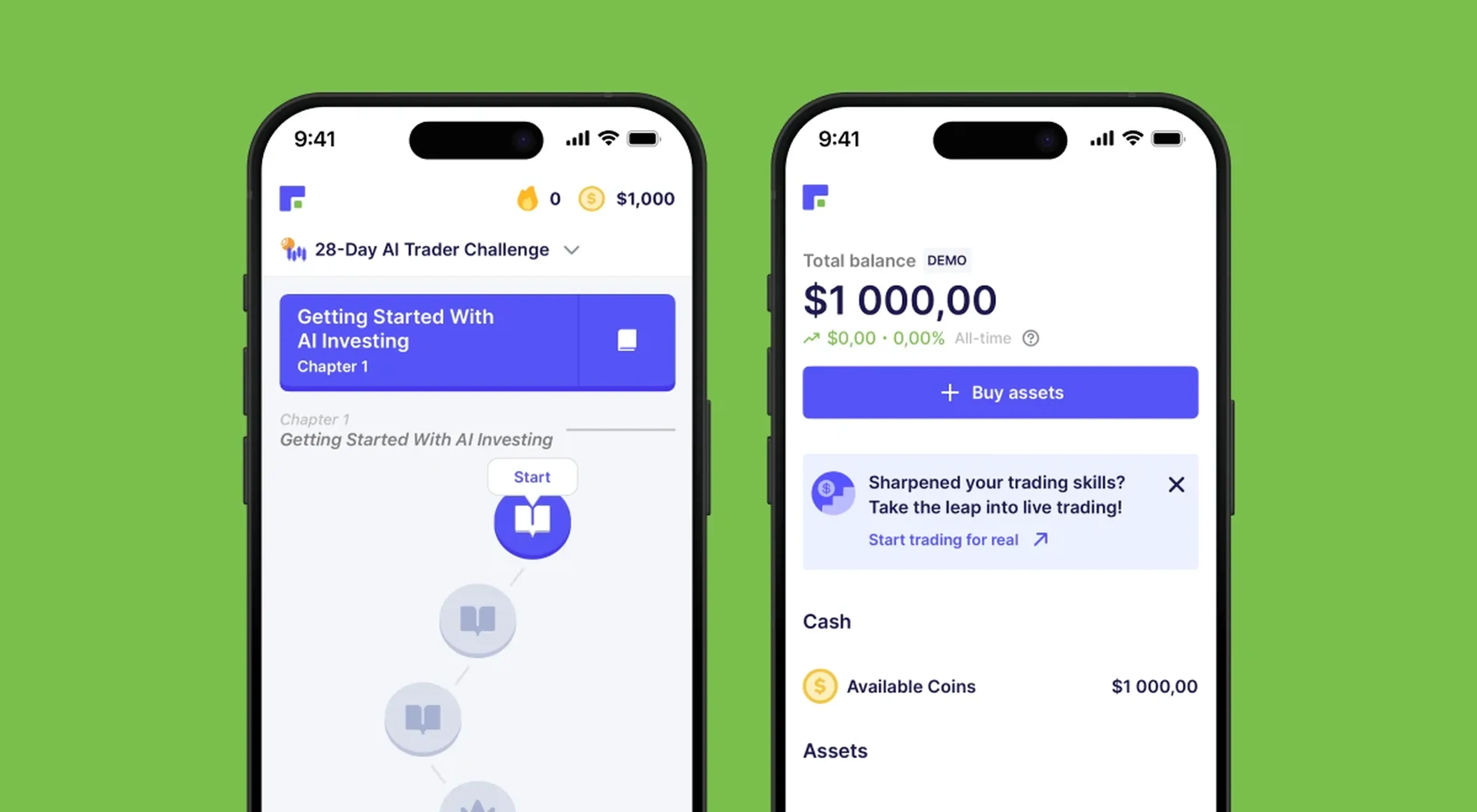 Finelo app on two iPhones showing a 28-day AI trader challenge lesson screen and a demo account with $1,000 balance on green background