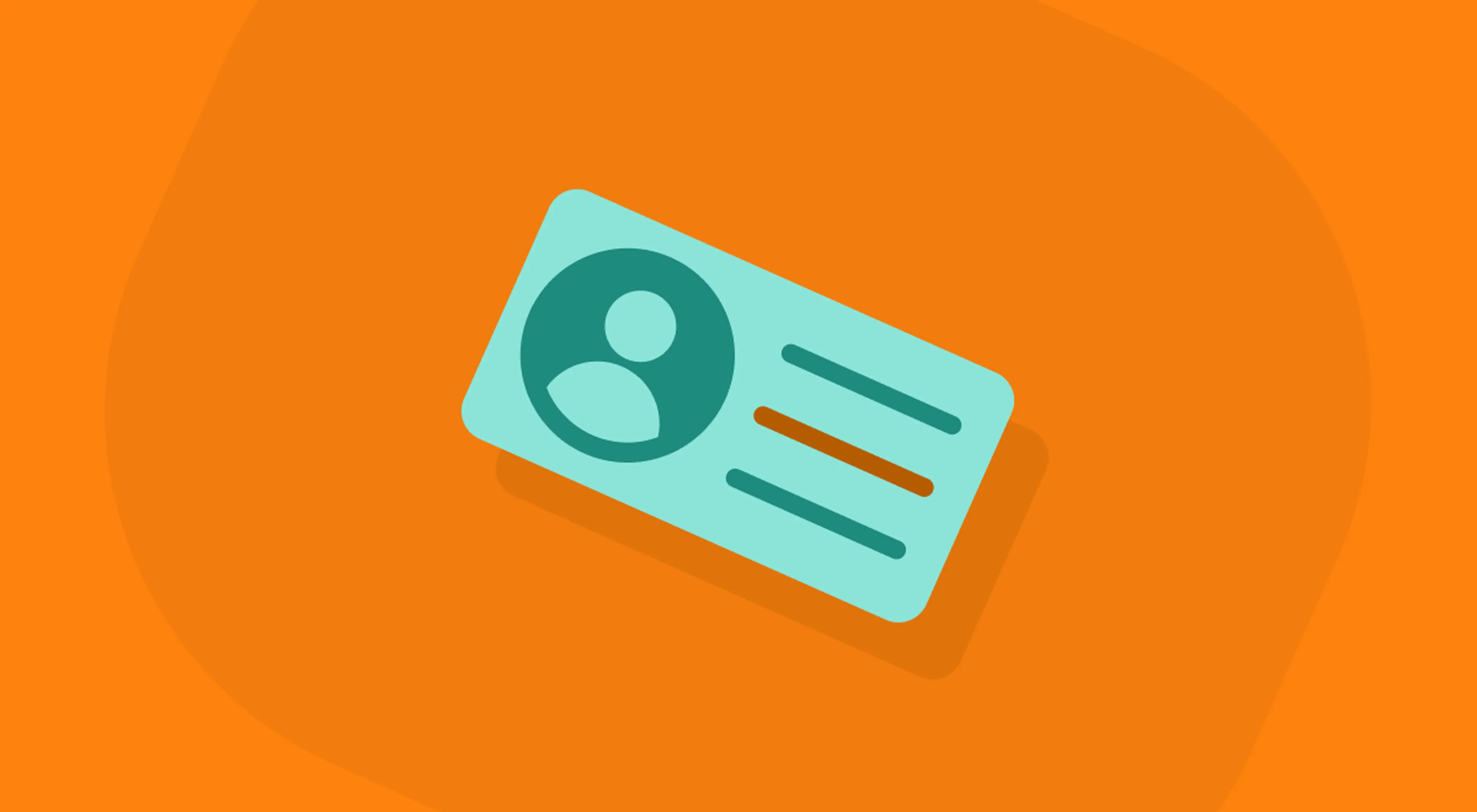 Flat illustration of a teal identification card featuring a person icon and text lines for details like middle names, set against an orange background