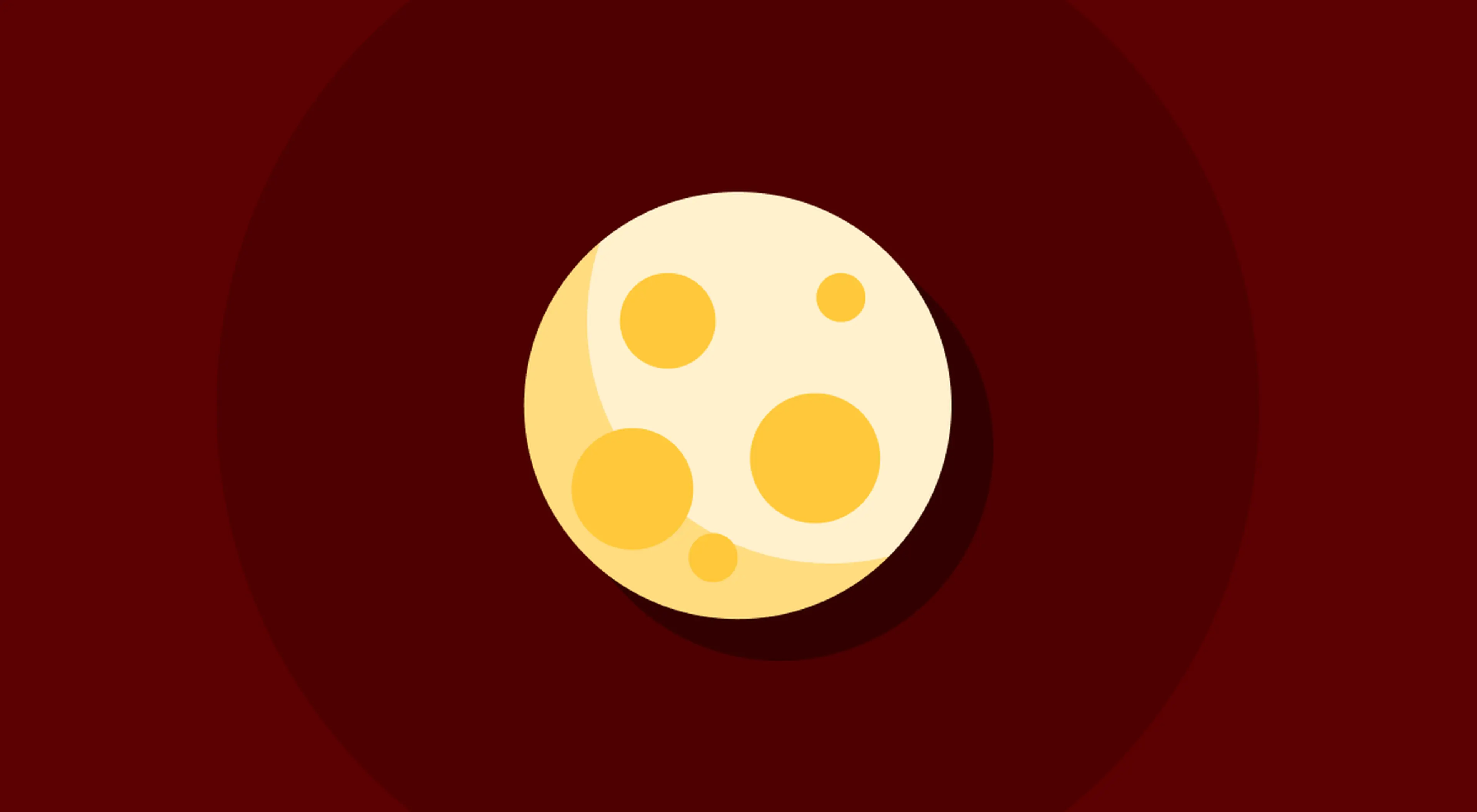 Flat illustration of a pale yellow full moon with orange craters centered against a dark maroon and deep red background with concentric shading