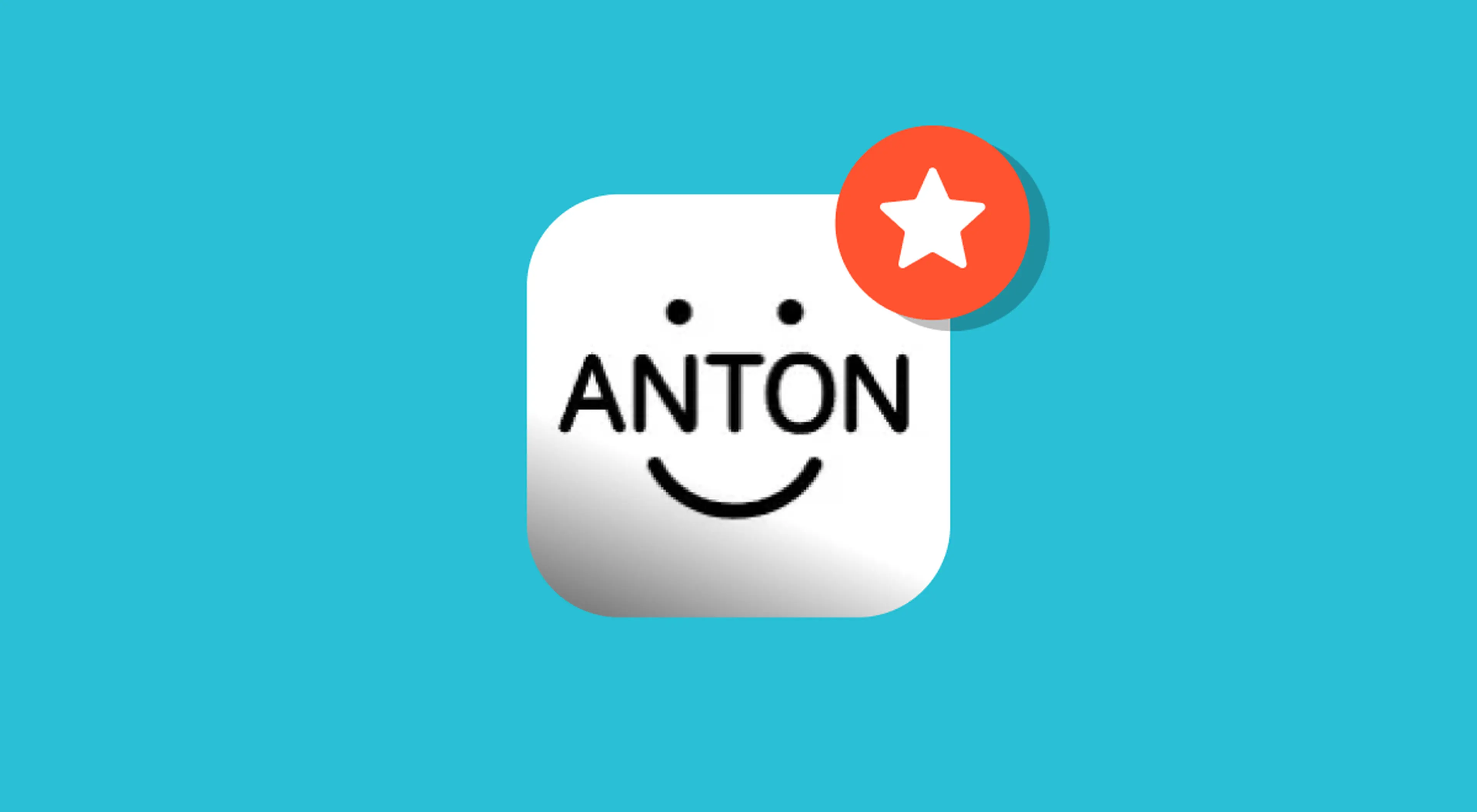 ANTON app icon with a smiling face on a white background, marked with a red star badge against a bright turquoise backdrop