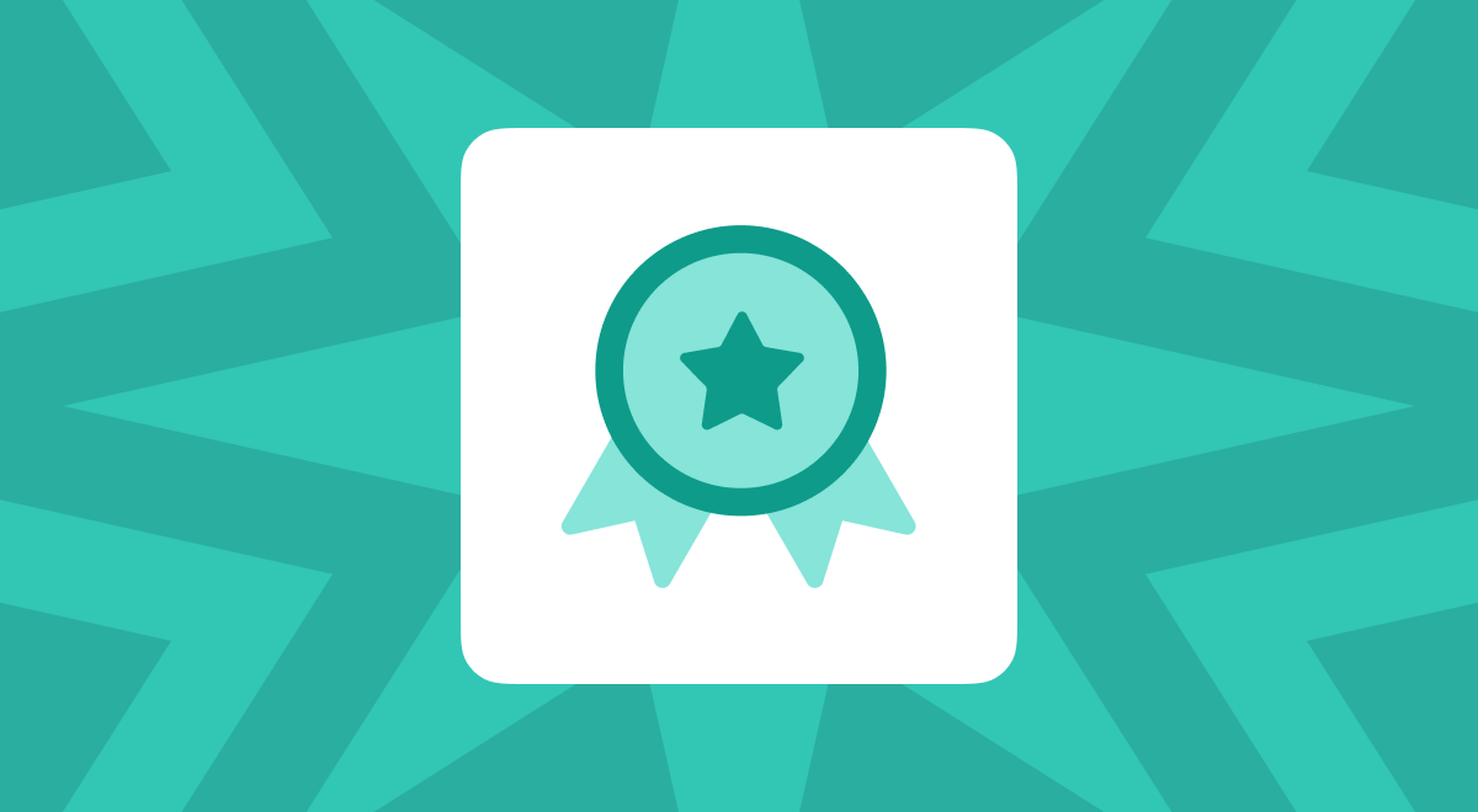 Nibble award badge icon showing a star inside a teal medal with ribbons on a white rounded square, set against a turquoise starburst background