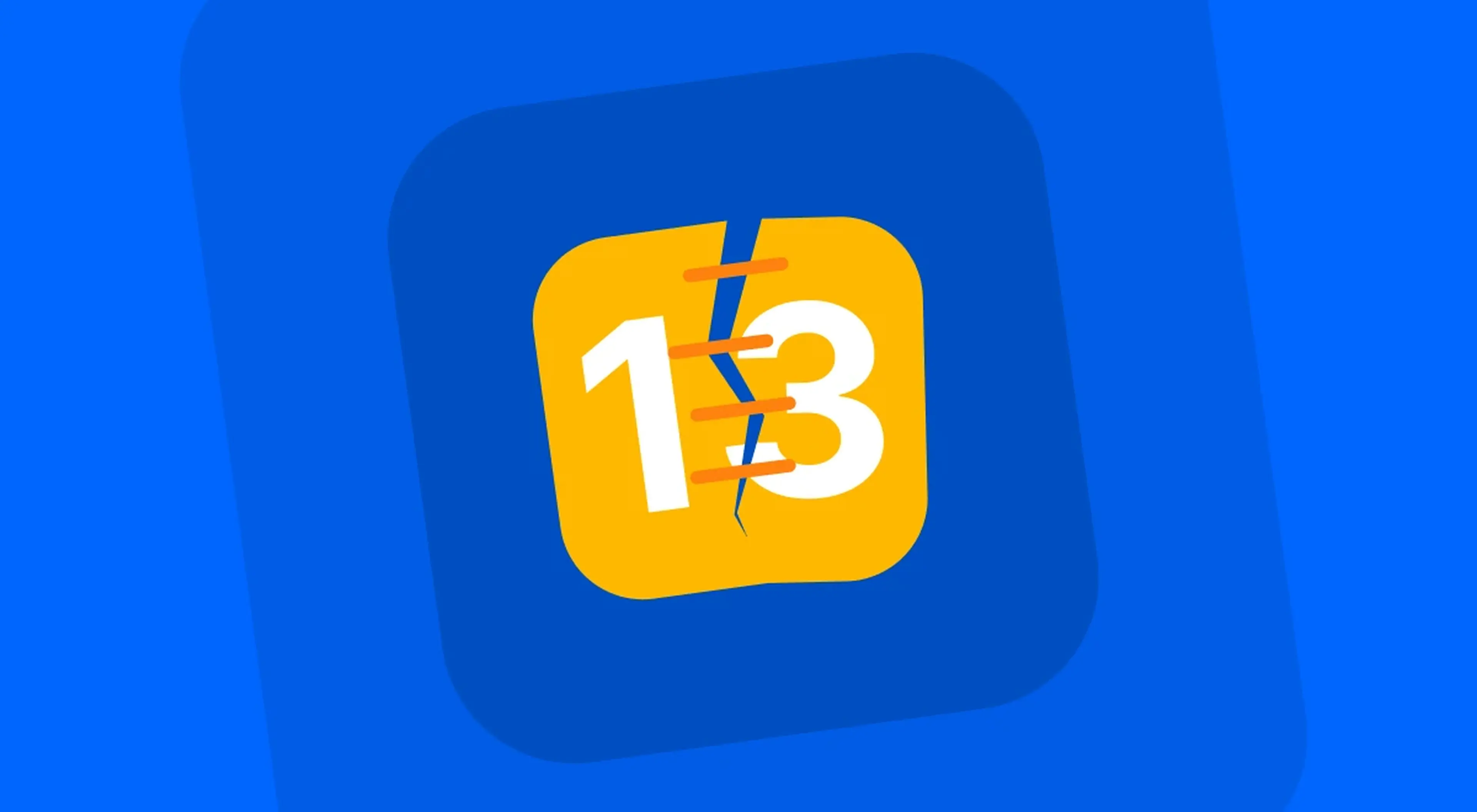 Numbery app icon showing number 13 with lightning bolt cracks on a yellow rounded square, set against a blue illustrated background