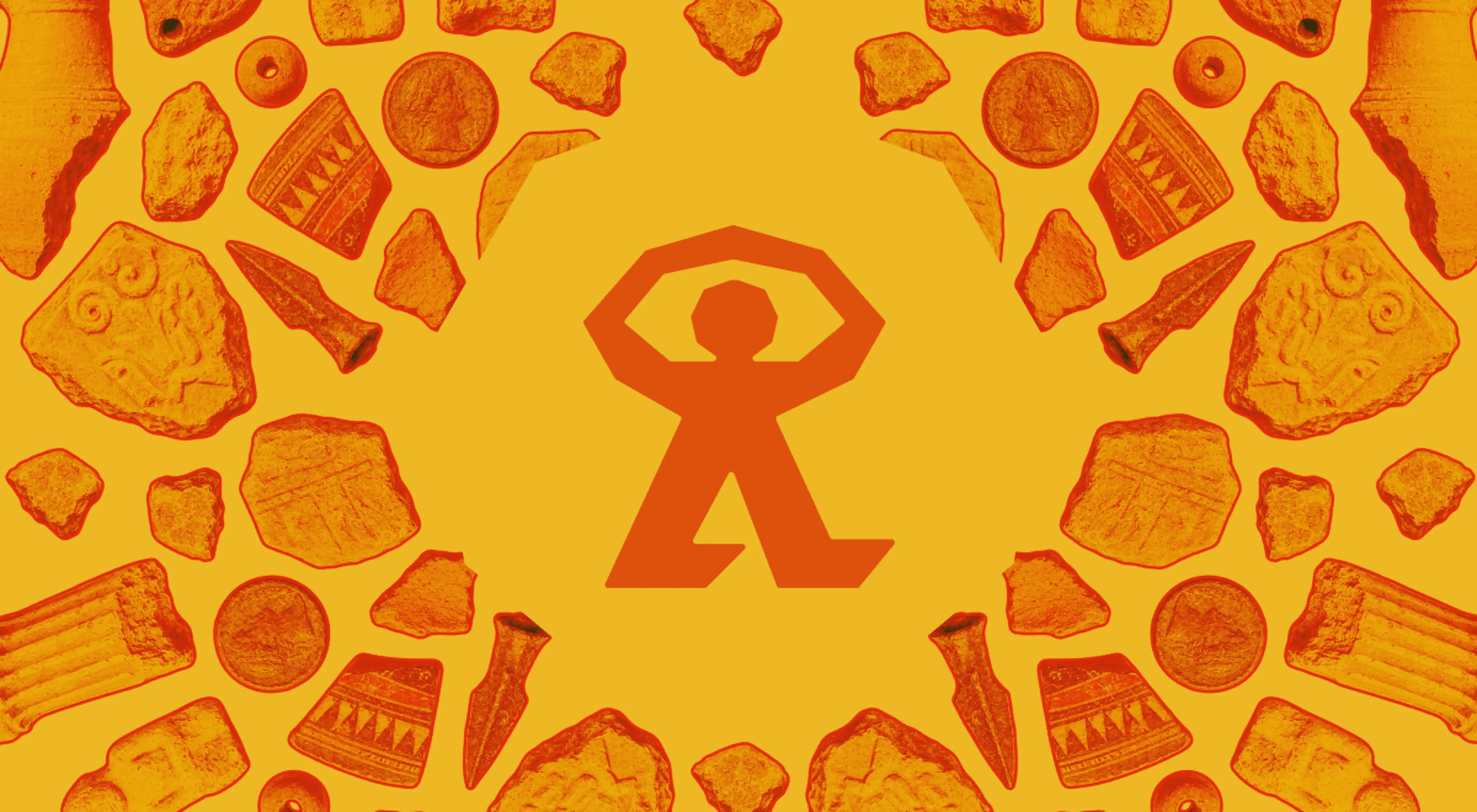 Orange human figure icon at the center of a dig event graphic surrounded by symmetrically arranged archaeological artifacts, pottery shards, coins and tools on a yellow background