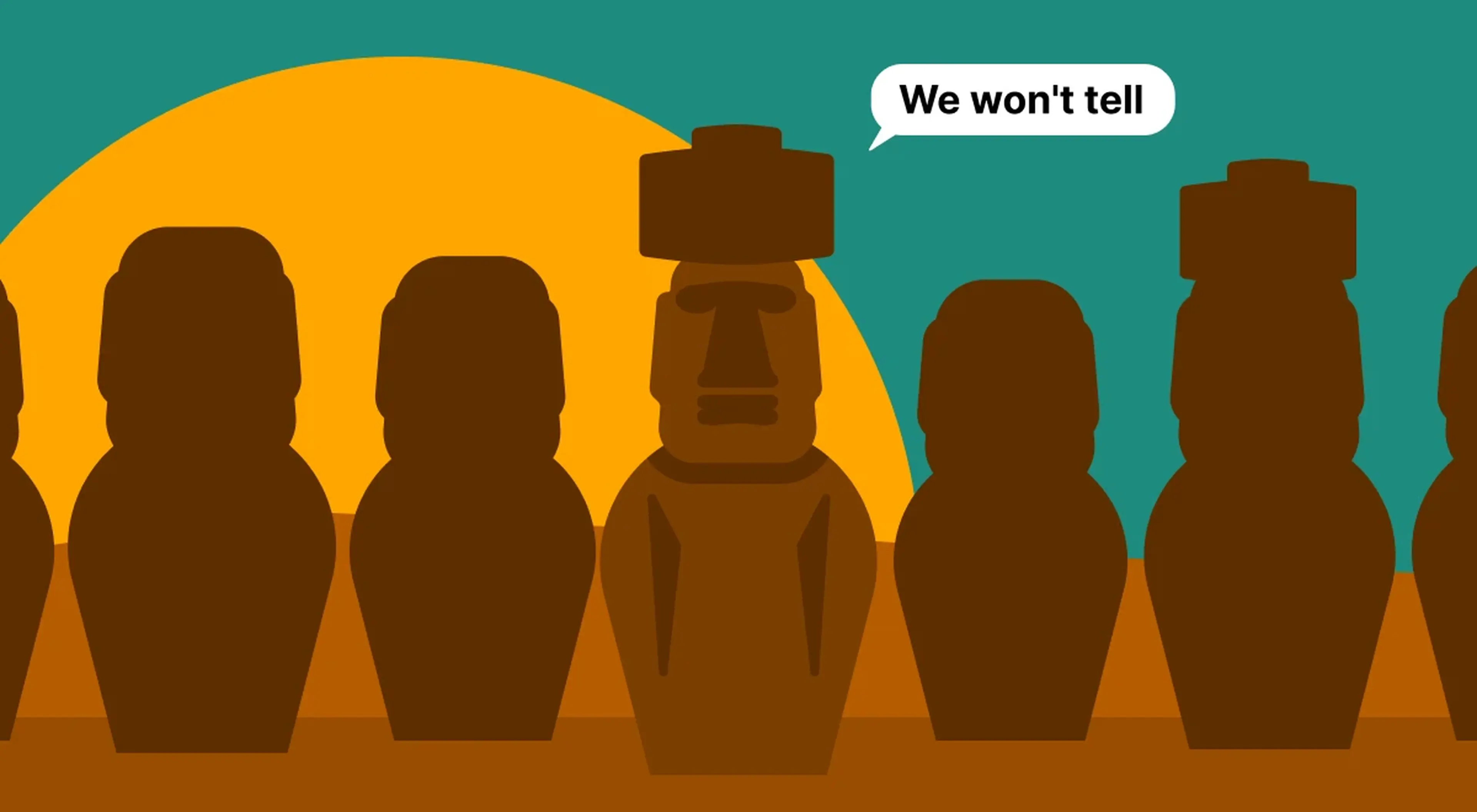 Illustrated row of Easter Island moai stone statues in silhouette against a golden sunset and teal sky, representing iconic archaeological sites and ancient monuments