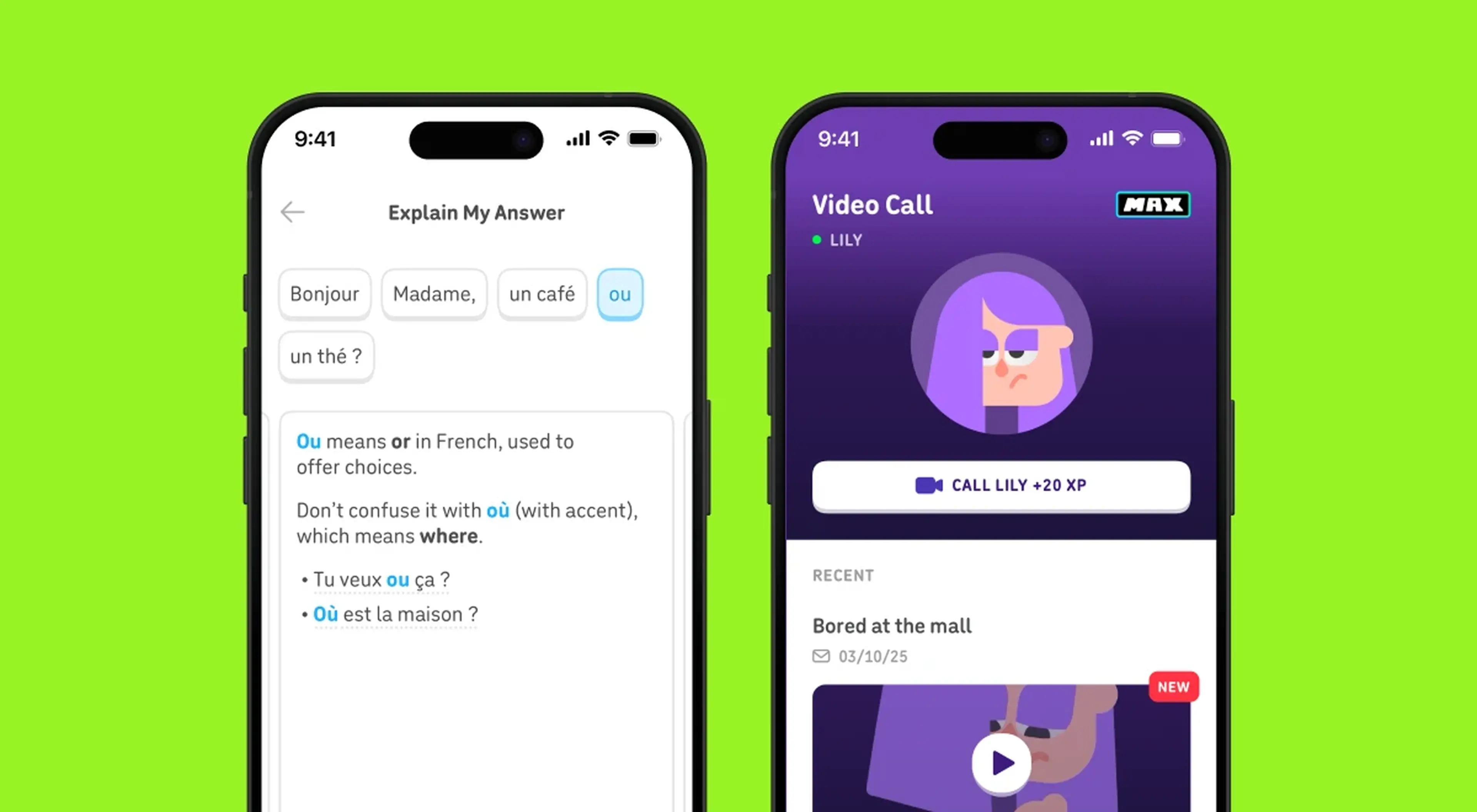 Two smartphones showing Duolingo Max subscription features — a French grammar explanation screen and a video call screen with AI character Lily on a green background