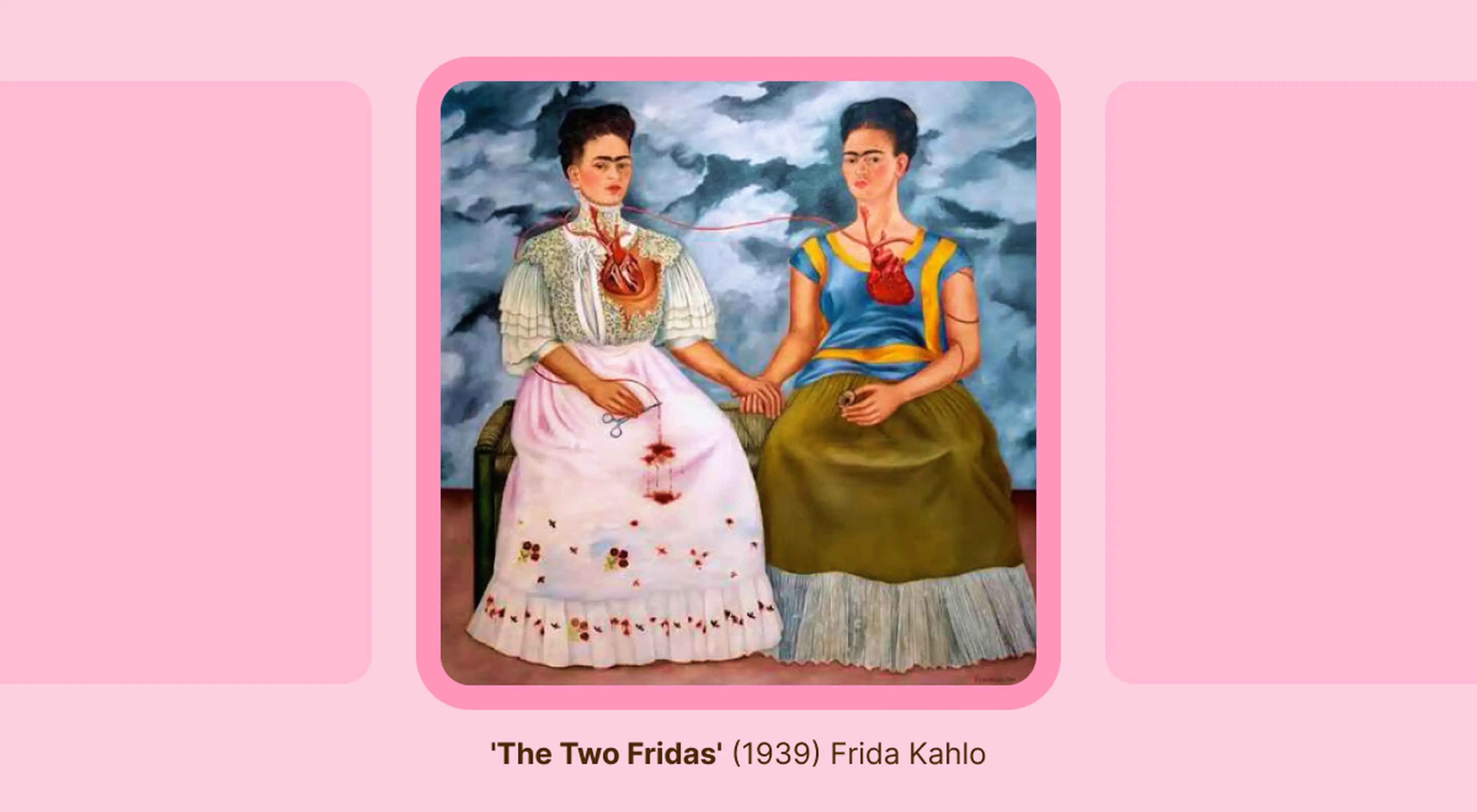 The Two Fridas (1939), Frida Kahlo art showing two seated self-portraits holding hands with exposed hearts joined by a v