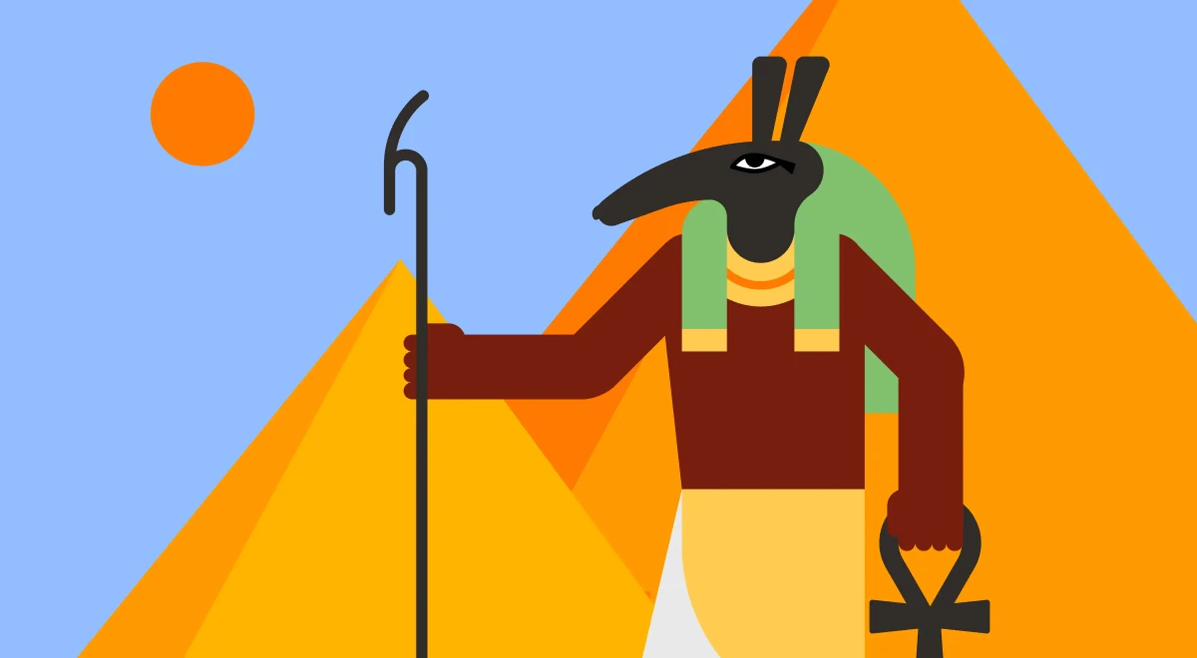 Flat illustration of Anubis the jackal-headed Egyptian god holding a staff and ankh cross in front of golden pyramids and orange sun, depicting mythology of one of the oldest civilizations in the worl