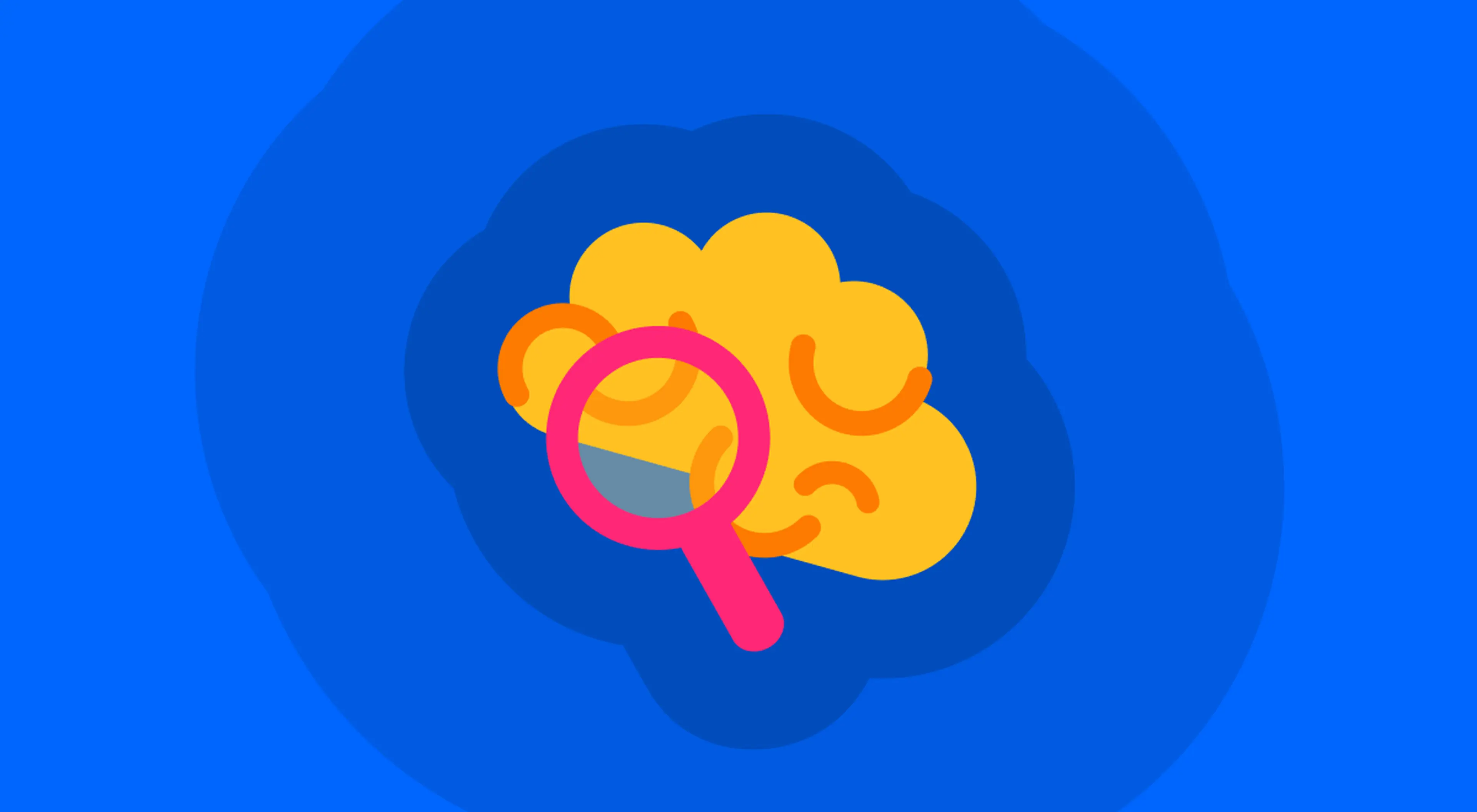 Illustration of a pink magnifying glass examining a yellow brain on a blue background, symbolizing intellectual curiosity and the exploration of ideas