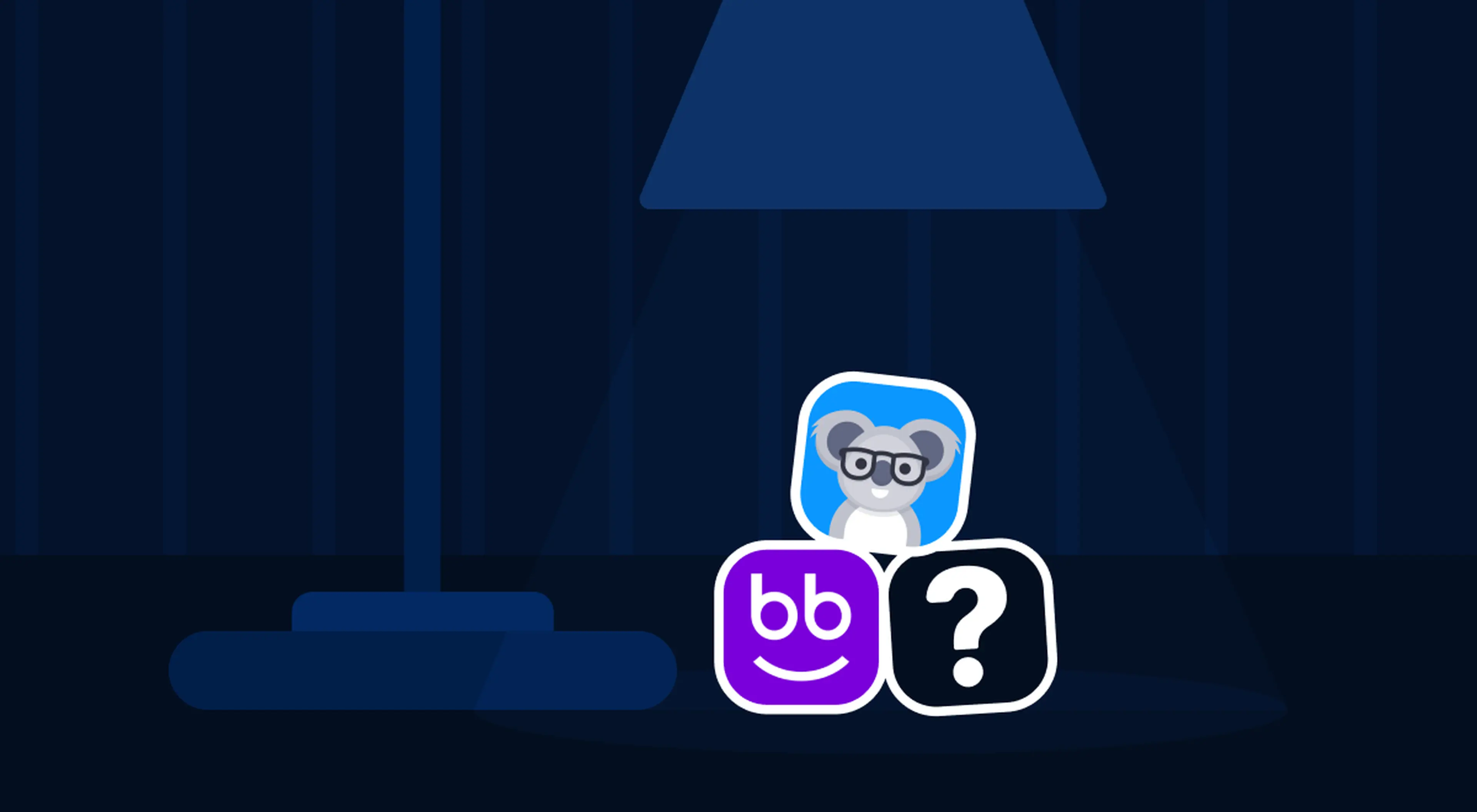 Icônes d'applications d'entraînement cérébral, dont Koala et bb, éclairées par une lampe sur fond bleu foncé, avec un point d'interrogation
