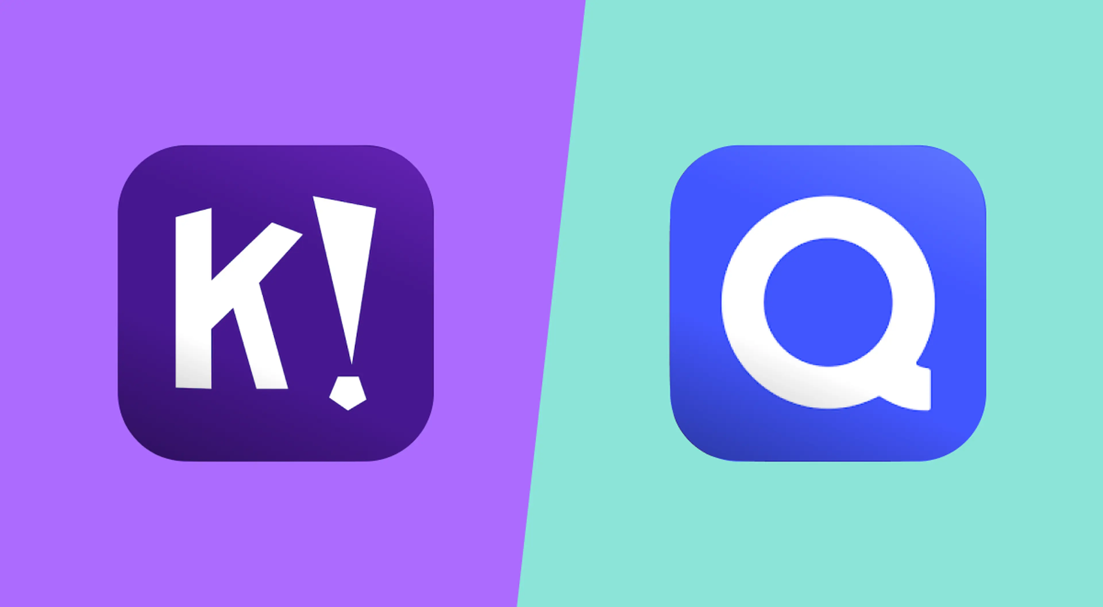 Kahoot and Quizlet app icons side by side on a split purple and teal background, comparing the two learning platforms in a Kahoot vs Quizlet overview
