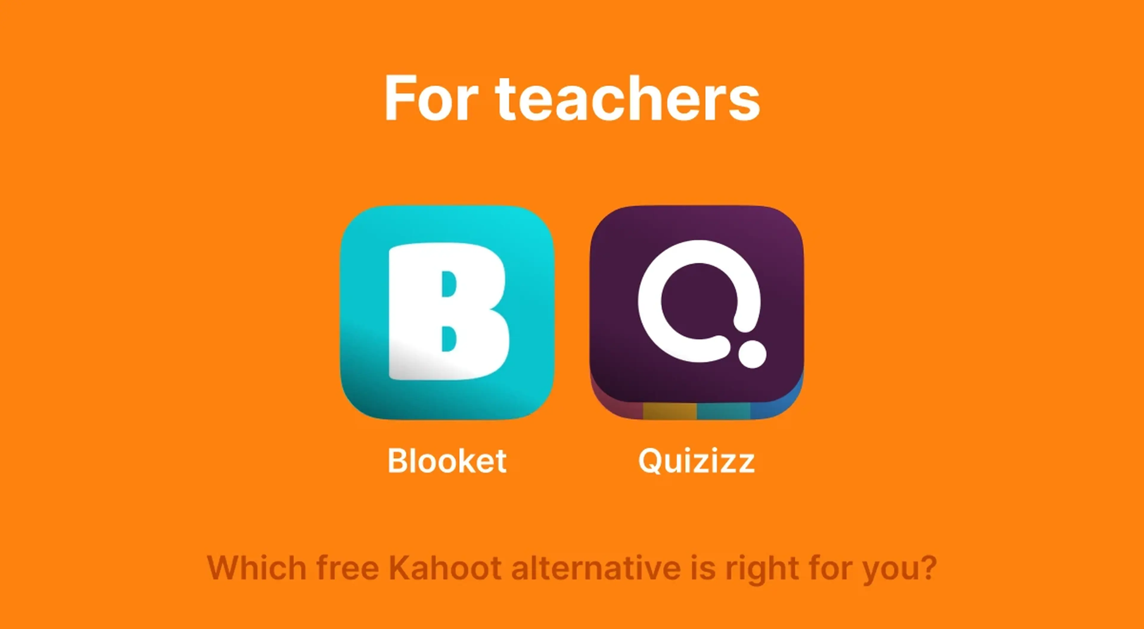 Orange infographic for teachers comparing free Kahoot alternatives featuring Blooket and Quizizz app icons side by side on an orange background