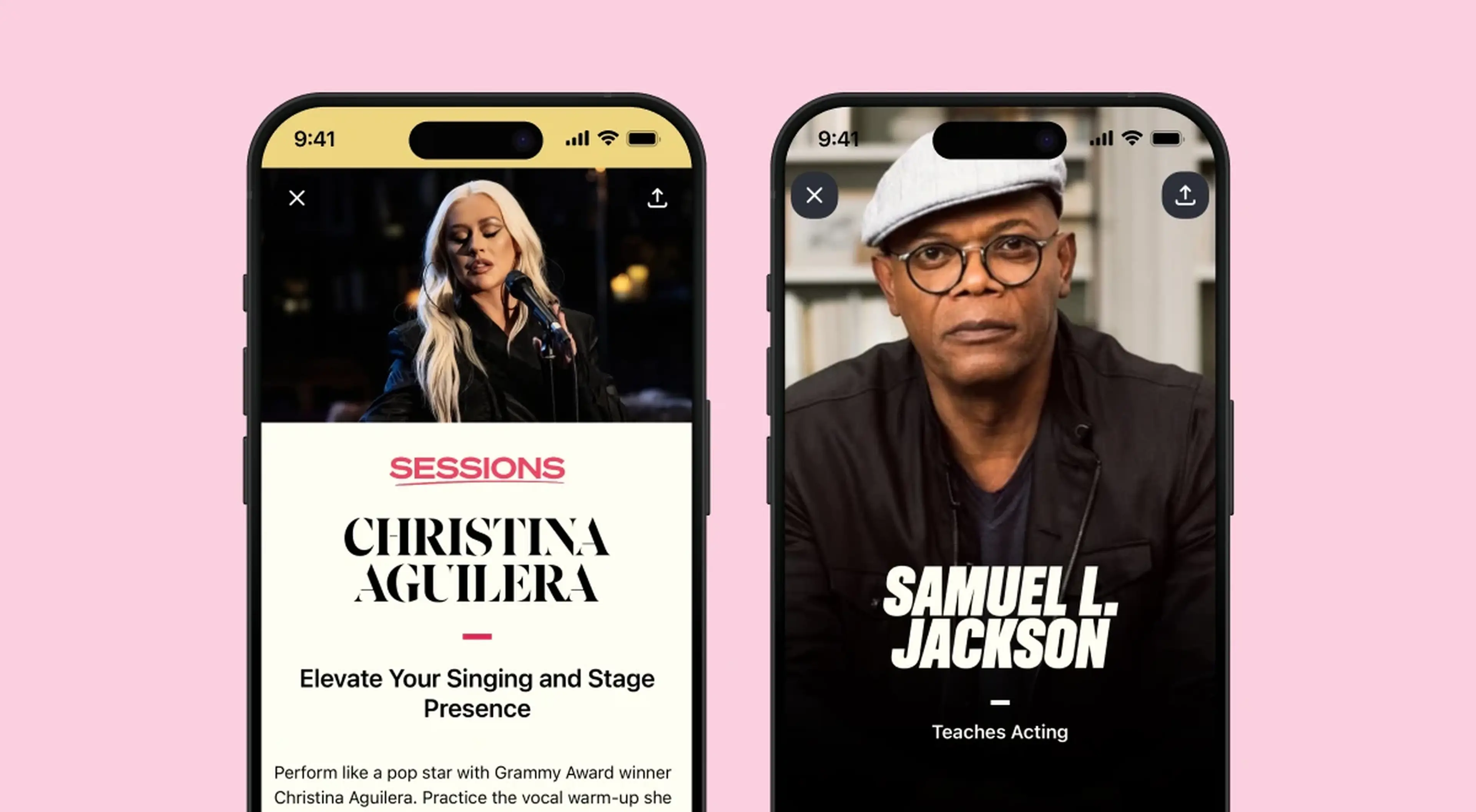 Two MasterClass app screens showing Christina Aguilera's Singing and Stage Presence course and Samuel L Jackson Teaches Acting course on pink background