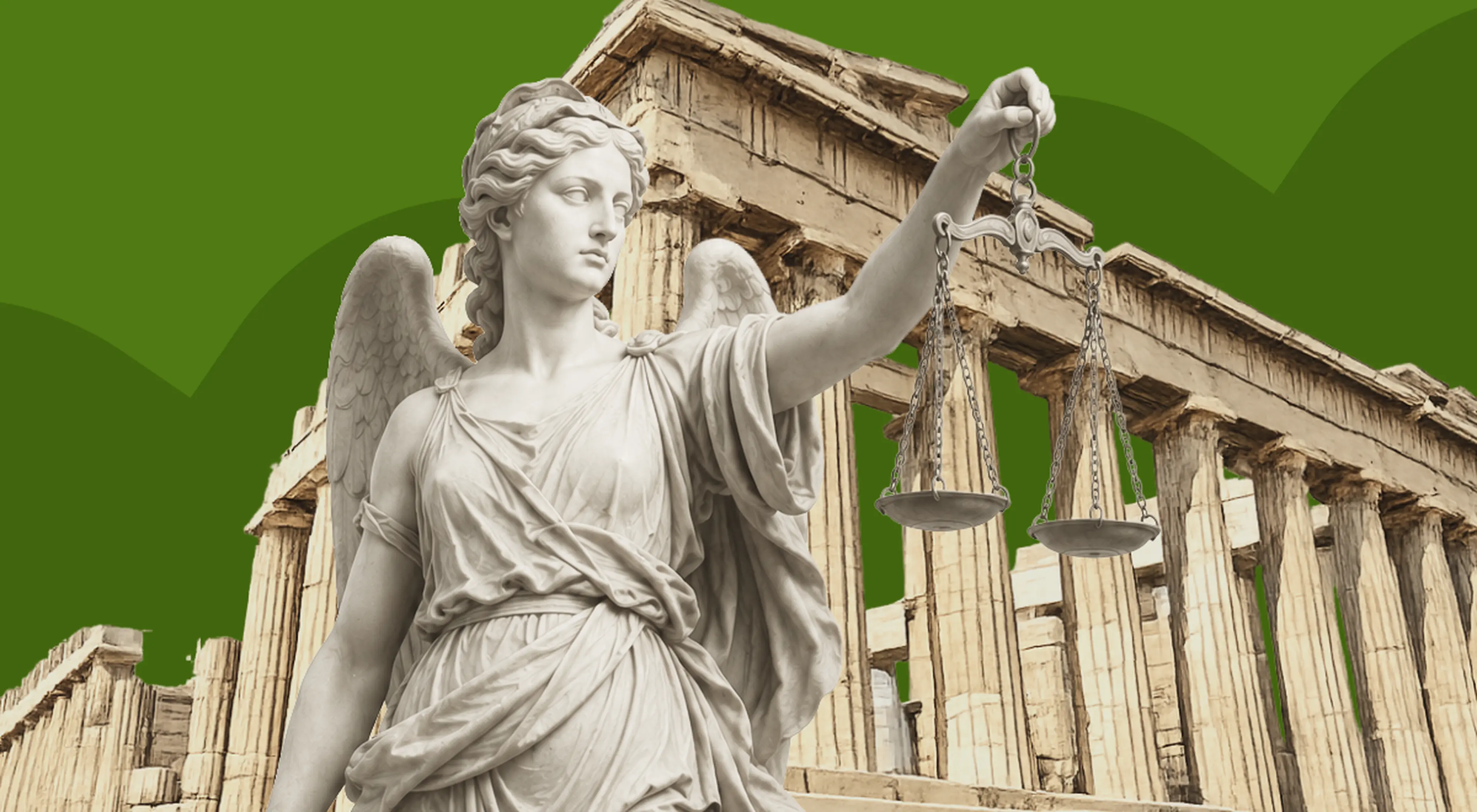 Marble statue of Nemesis with wings holding the scales of justice, set against ancient Greek temple columns and a green background
