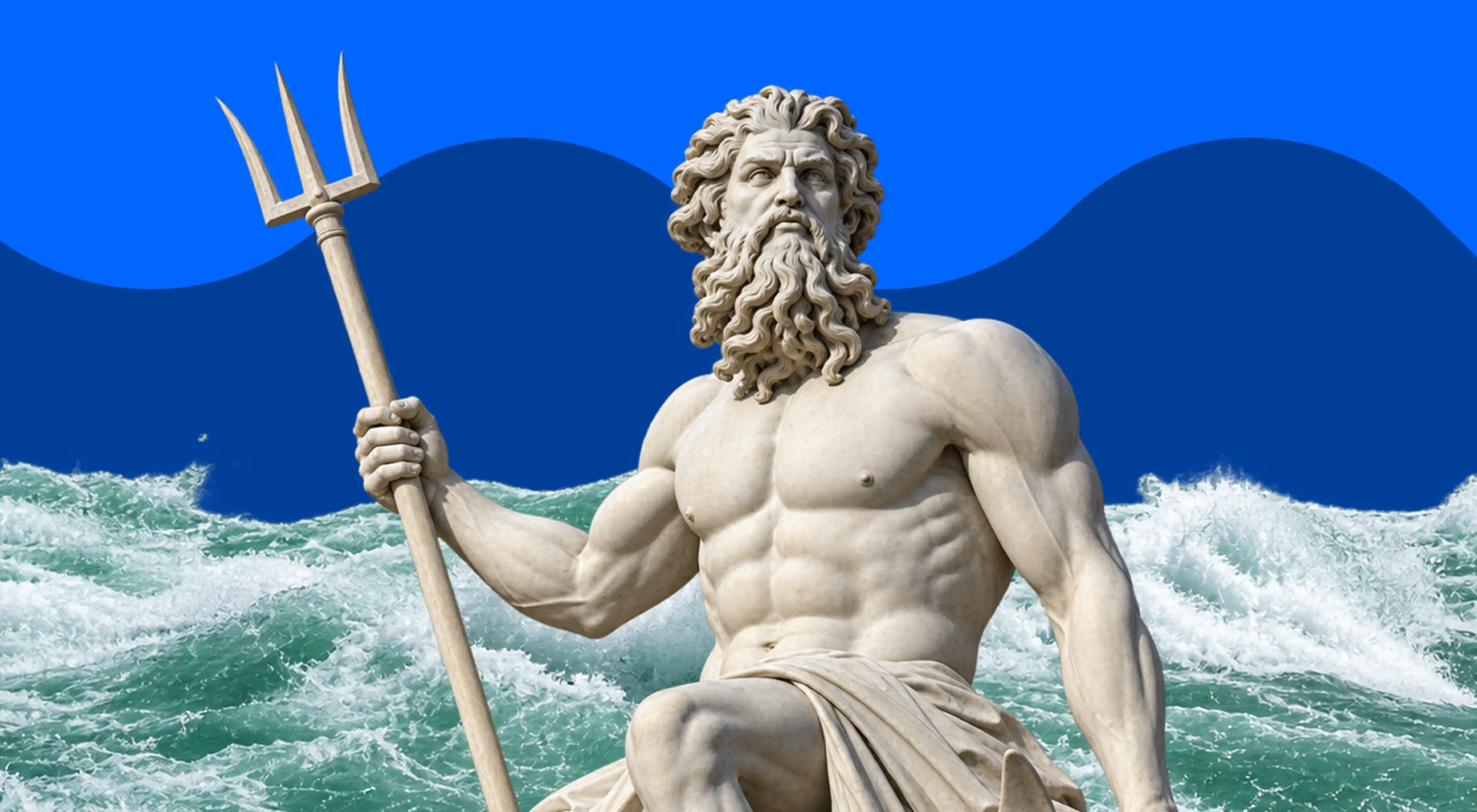 Marble statue of Poseidon, Greek god of the sea, holding a trident against a blue backdrop with rolling ocean waves, illustrating facts about Poseidon