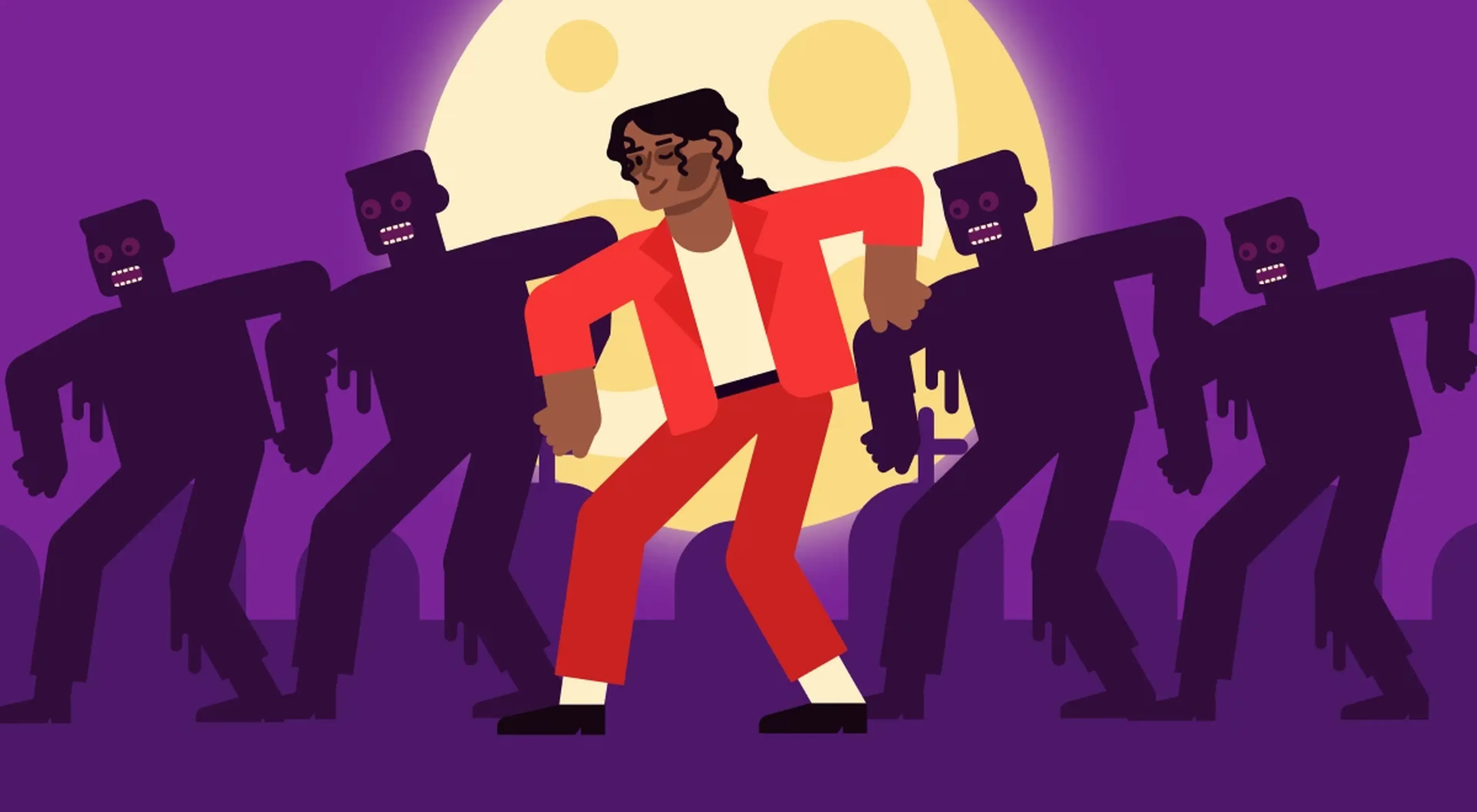 Flat illustration of a man in a red suit dancing surrounded by zombie silhouettes under a full yellow moon on a purple background, referencing Michael Jackson's Thriller music video